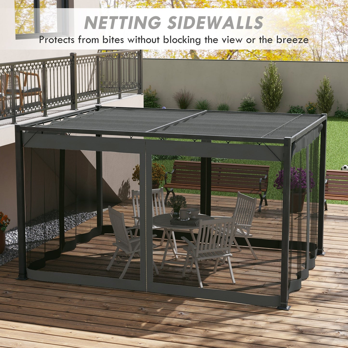 3 x 4 m Pergola with Retractable Roof Canopy and Netting Sidewalls, Aluminium Frame Garden Gazebo Outdoor Sun Shade Shelter for Grill, Patio, Deck, Dark Grey