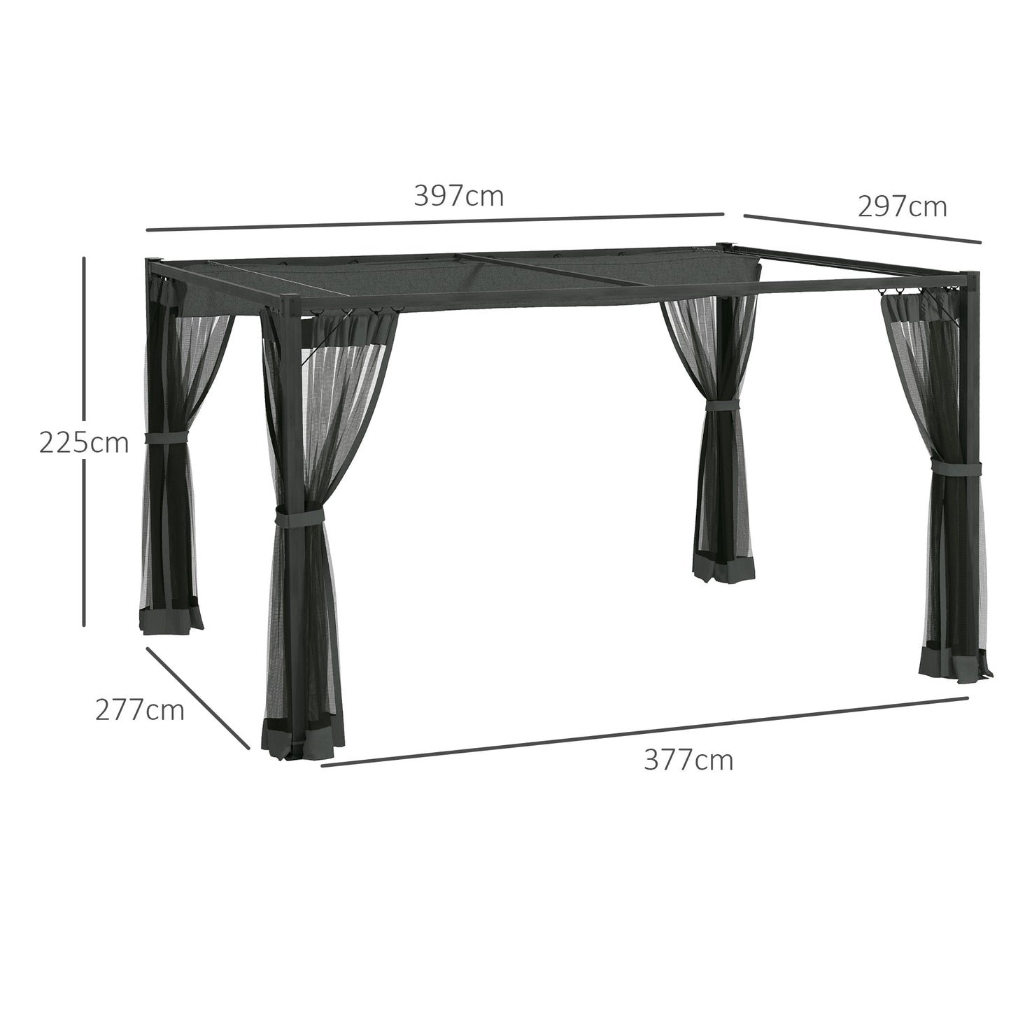 3 x 4 m Pergola with Retractable Roof Canopy and Netting Sidewalls, Aluminium Frame Garden Gazebo Outdoor Sun Shade Shelter for Grill, Patio, Deck, Dark Grey
