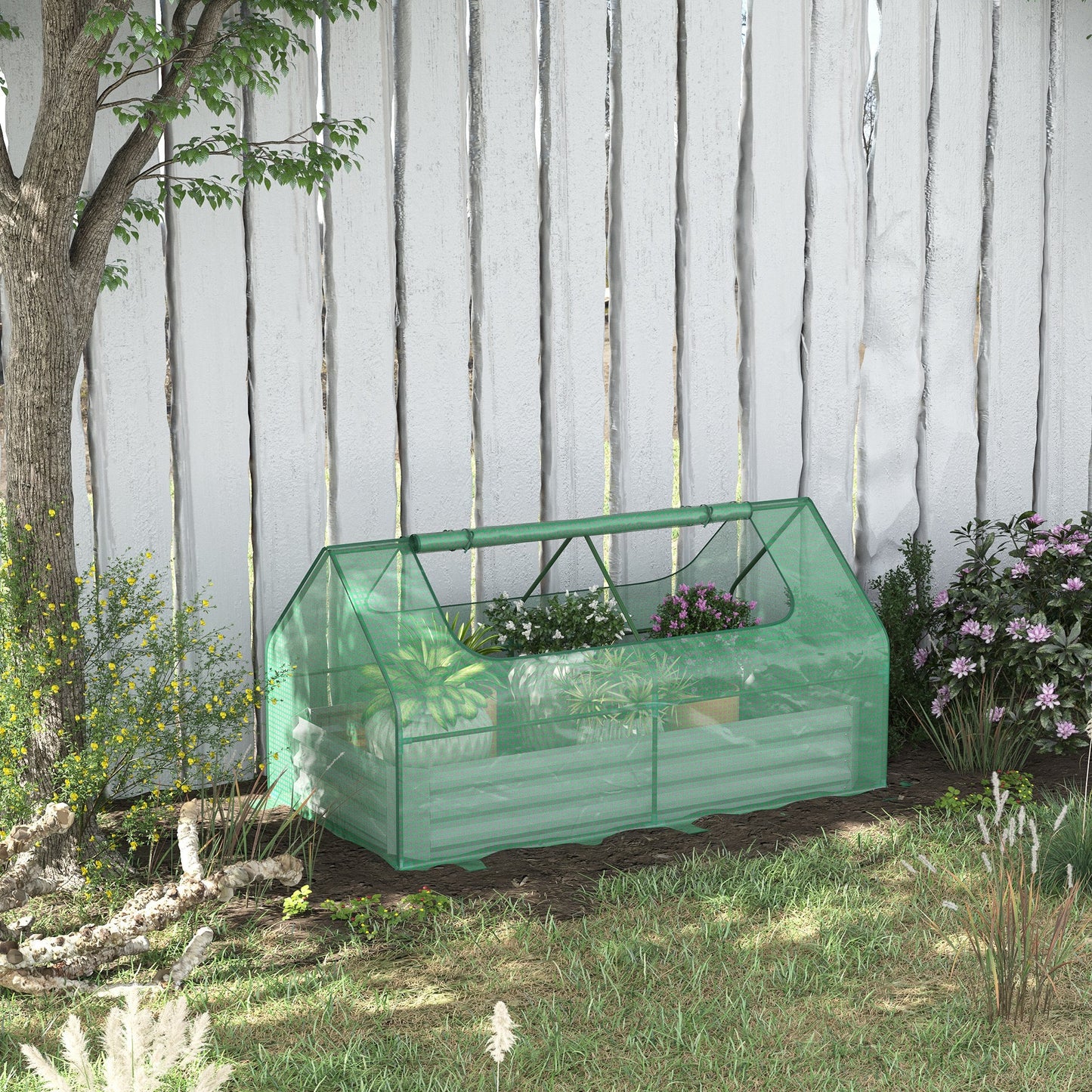Raised Garden Bed with Greenhouse, Steel Planter Box with Plastic Cover, Roll Up Window, Dual Use for Flowers, Vegetables, Fruits and Herbs, 185L x 95W x 92H cm, Green