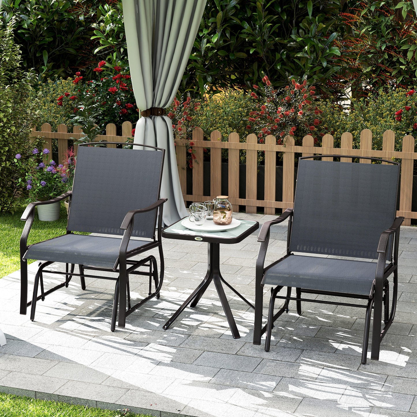 Glider Rocking Chair & Table Set 2 Single Seaters Rocker Garden Swing Chair Patio Furniture Bistro Set Grey
