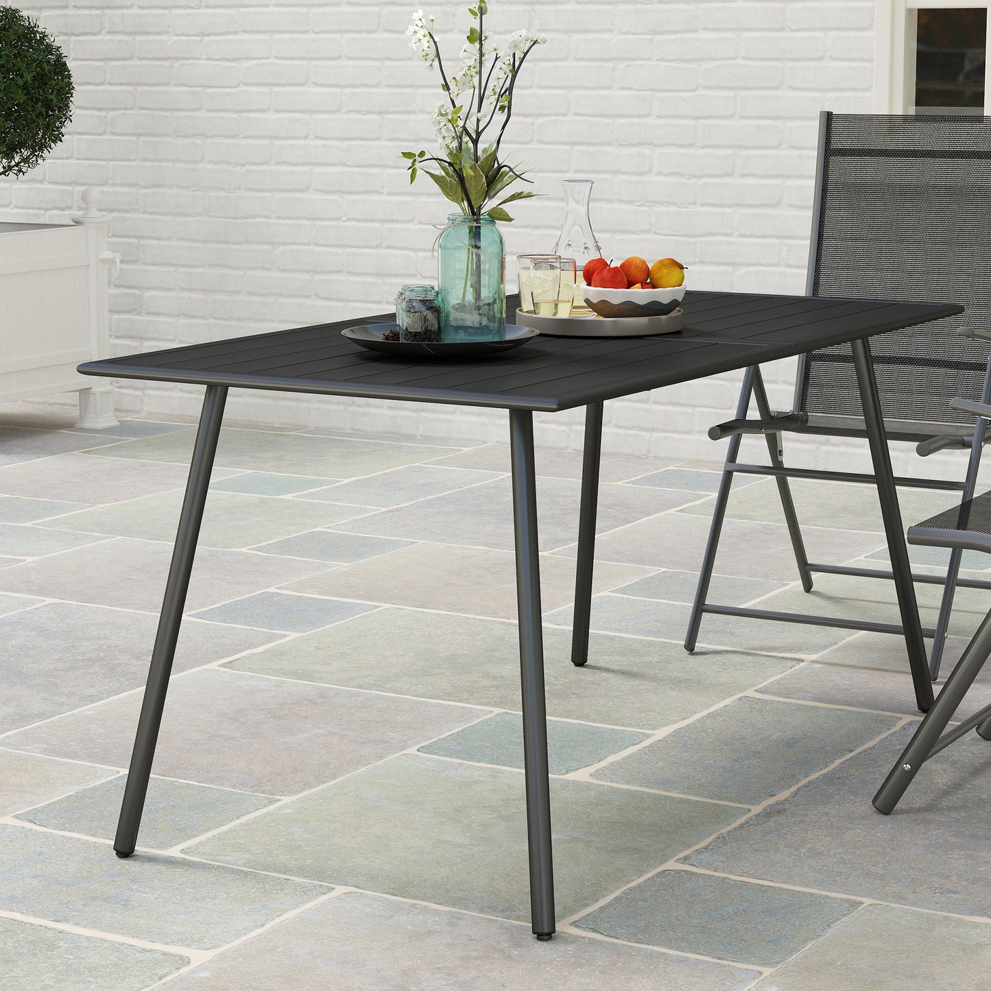 Garden Table for 6 Person, Rectangle Outdoor Table with Easy Clean Slat Top, Rust Resistant Steel Frame, for Deck, Balcony, 150 x 80 x 74 cm, Black