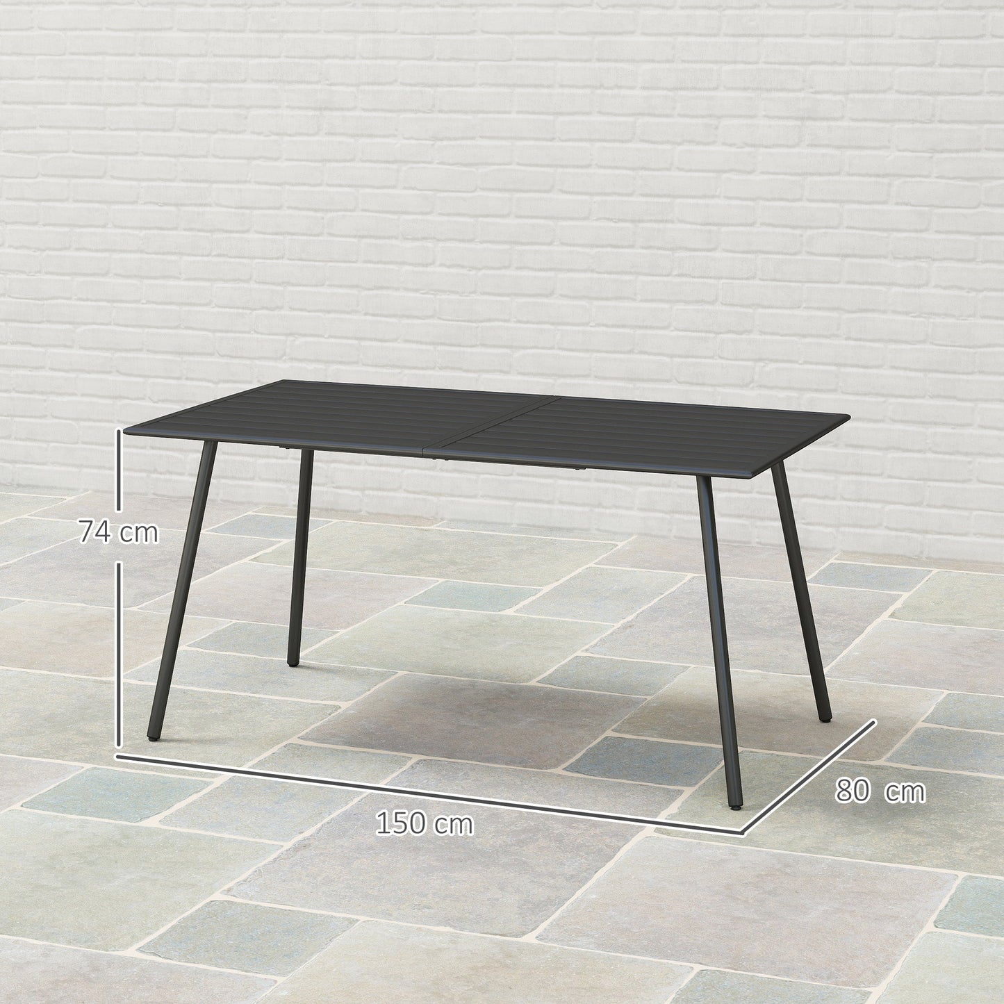 Garden Table for 6 Person, Rectangle Outdoor Table with Easy Clean Slat Top, Rust Resistant Steel Frame, for Deck, Balcony, 150 x 80 x 74 cm, Black