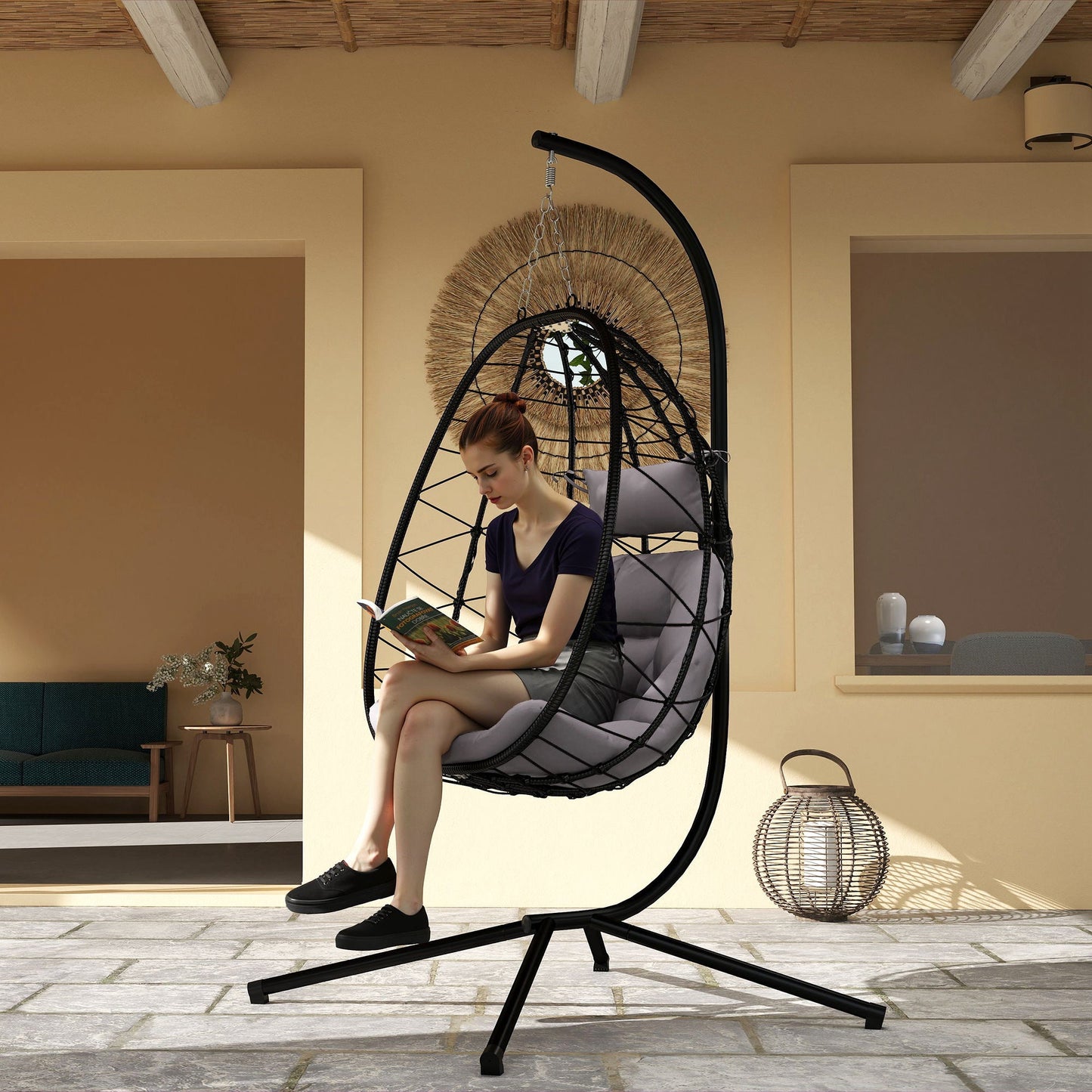 Hanging Egg Chair Outdoor Indoor Garden Swing Chair with Folding Basket, Thickened Cushion, Garden Hanging Chair with Stand, Headrest for Patio, Balcony, Grey