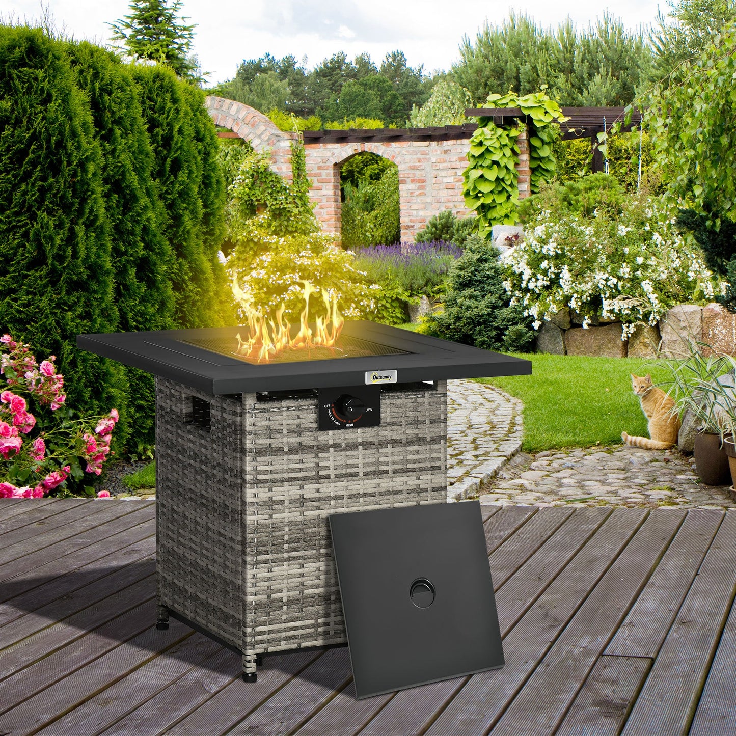 Outdoor PE Rattan Gas Fire Pit Table, Patio Square Propane Heater with Rain Cover, Mesh Lid and Lava Stone, 40,000 BTU, Mixed Grey