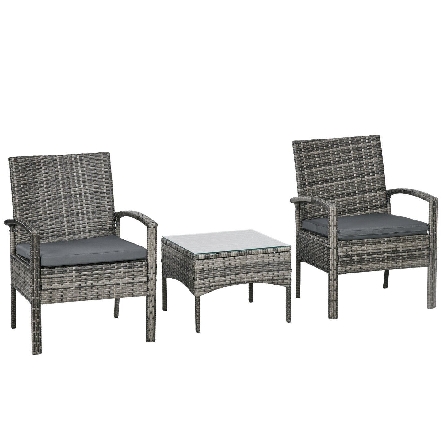 3 Pieces Rattan Bistro Set, Wicker Garden Furniture Set with Glass Top Coffee Table and Chairs, Washable Cushions for Outdoor, Patio, Balcony, Mixed Grey
