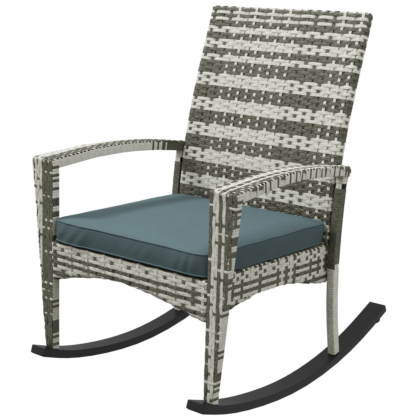 PE Rattan Garden Rocking Chair, Outdoor Rocking with Cushion, 160 KG Capacity Wicker Garden Armchair Rocker with Metal Frame for Patio, Porch, Balcony, Light Grey