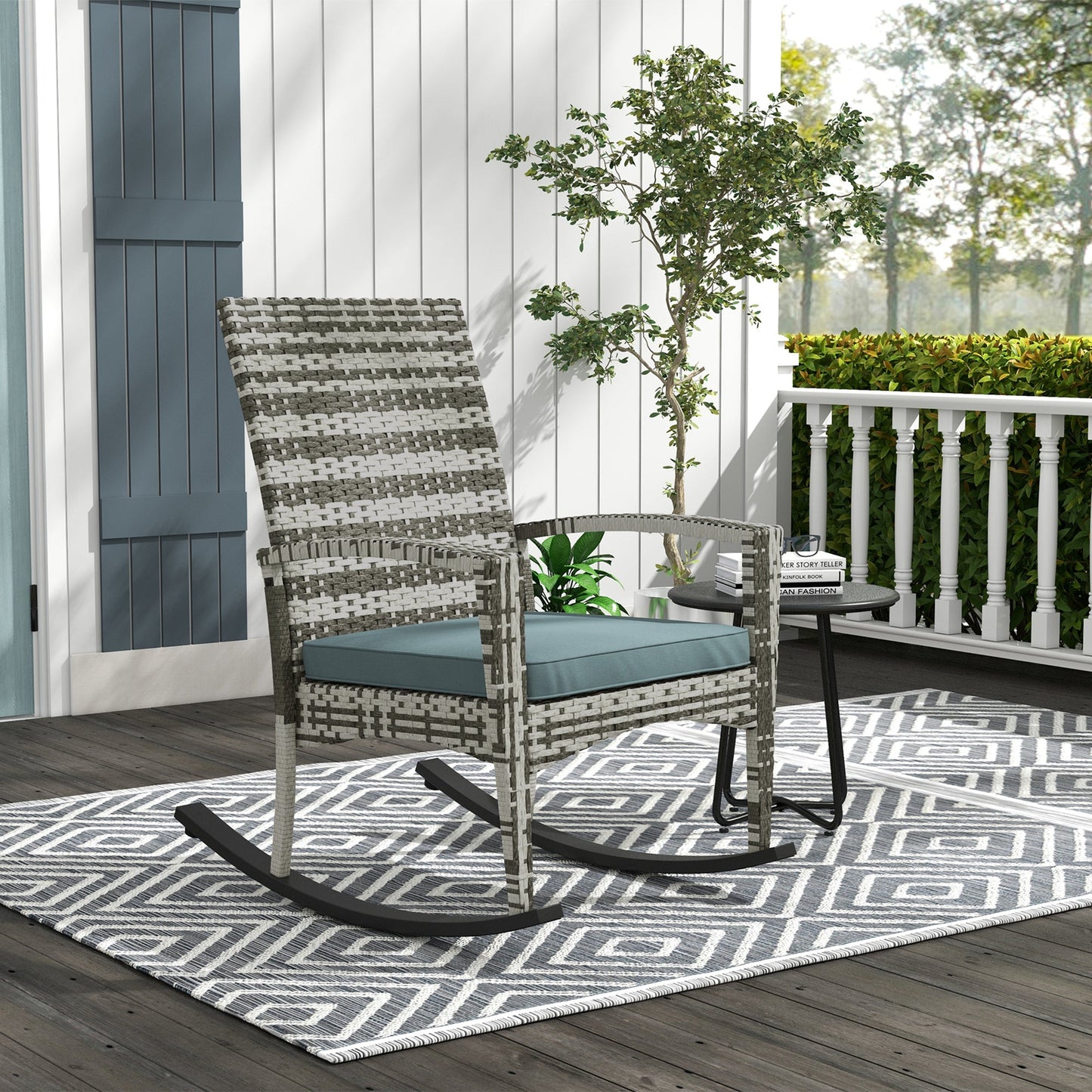 PE Rattan Garden Rocking Chair, Outdoor Rocking with Cushion, 160 KG Capacity Wicker Garden Armchair Rocker with Metal Frame for Patio, Porch, Balcony, Light Grey