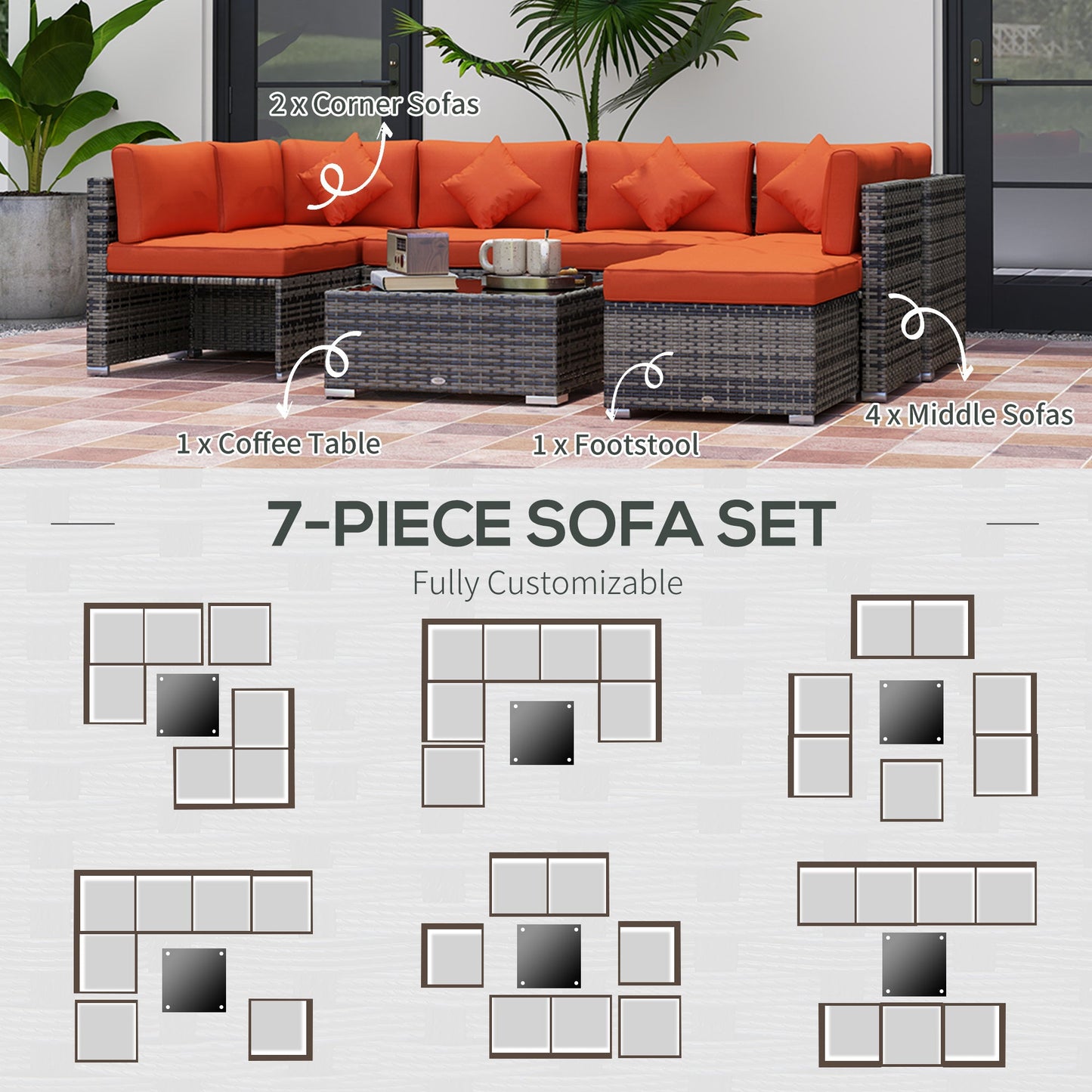 8 Pieces PE Rattan Corner Sofa Set, Outdoor Garden Furniture Set, Patio Wicker Sofa Seater w/ Cushion, Washable Cushion Cover & Tempered Glass Table, Orange