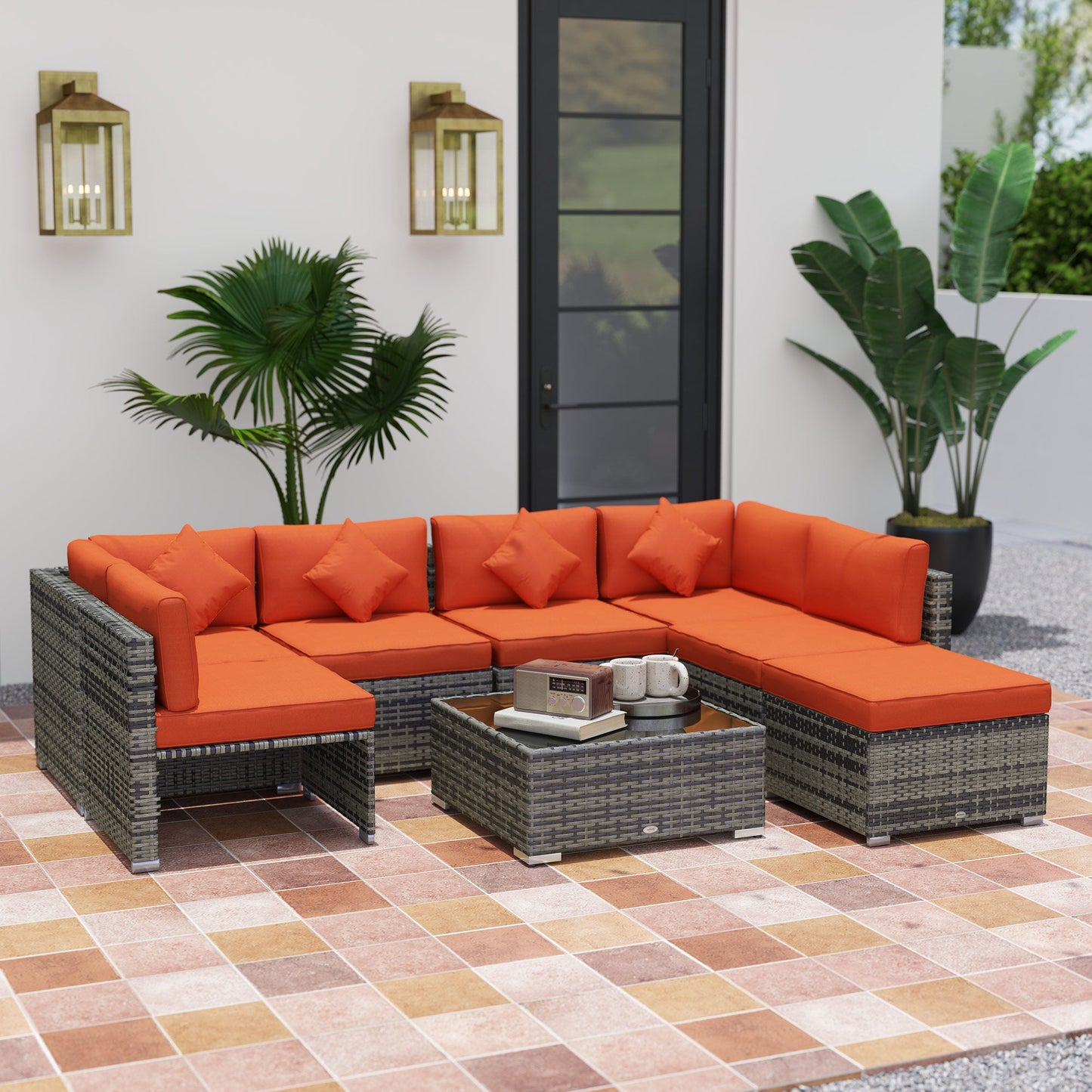 8 Pieces PE Rattan Corner Sofa Set, Outdoor Garden Furniture Set, Patio Wicker Sofa Seater w/ Cushion, Washable Cushion Cover & Tempered Glass Table, Orange