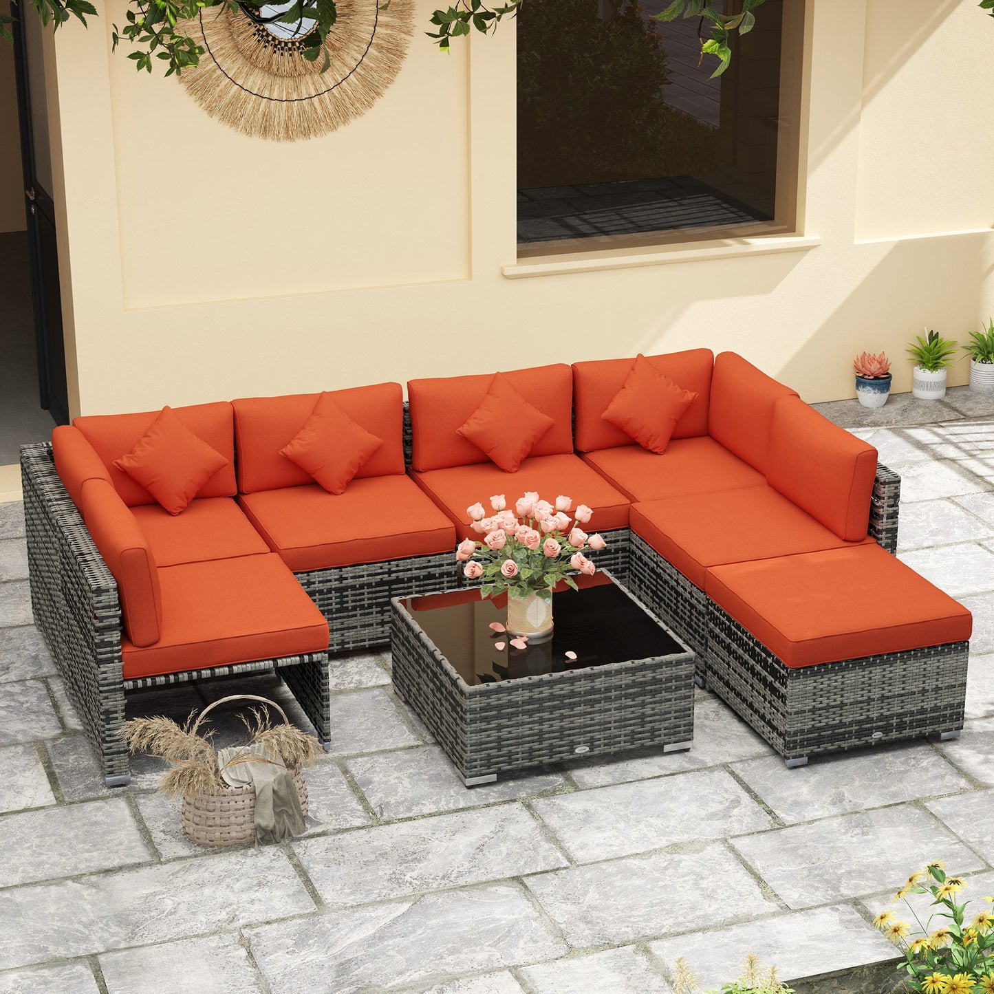 8 Pieces PE Rattan Corner Sofa Set, Outdoor Garden Furniture Set, Patio Wicker Sofa Seater w/ Cushion, Washable Cushion Cover & Tempered Glass Table, Orange