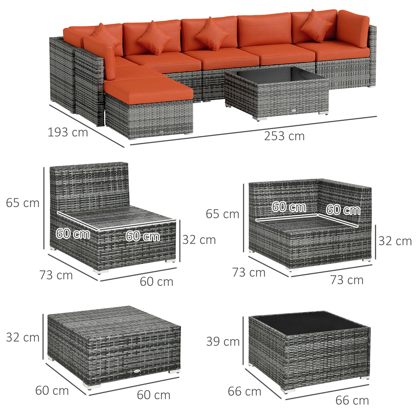 8 Pieces PE Rattan Corner Sofa Set, Outdoor Garden Furniture Set, Patio Wicker Sofa Seater w/ Cushion, Washable Cushion Cover & Tempered Glass Table, Orange