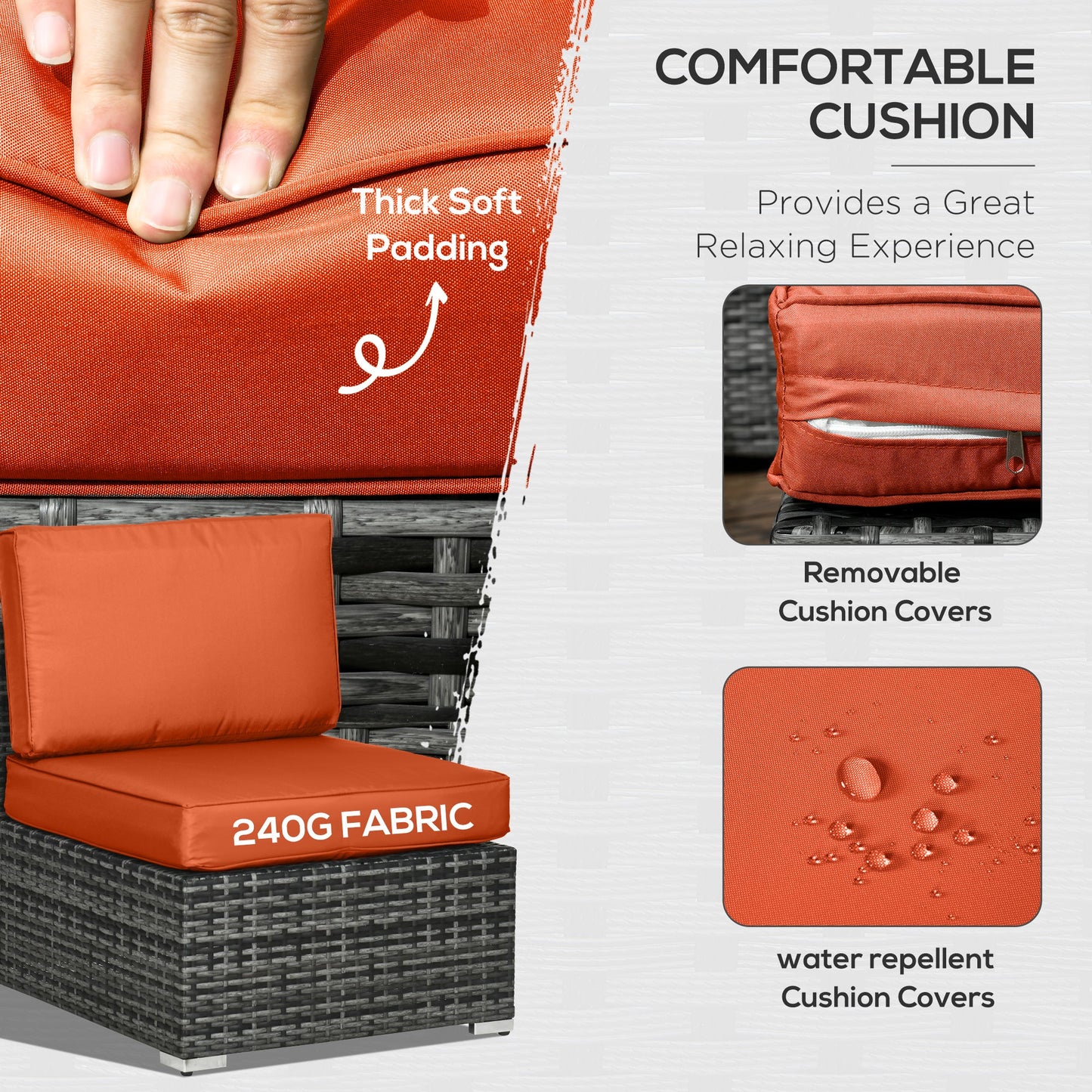 8 Pieces PE Rattan Corner Sofa Set, Outdoor Garden Furniture Set, Patio Wicker Sofa Seater w/ Cushion, Washable Cushion Cover & Tempered Glass Table, Orange