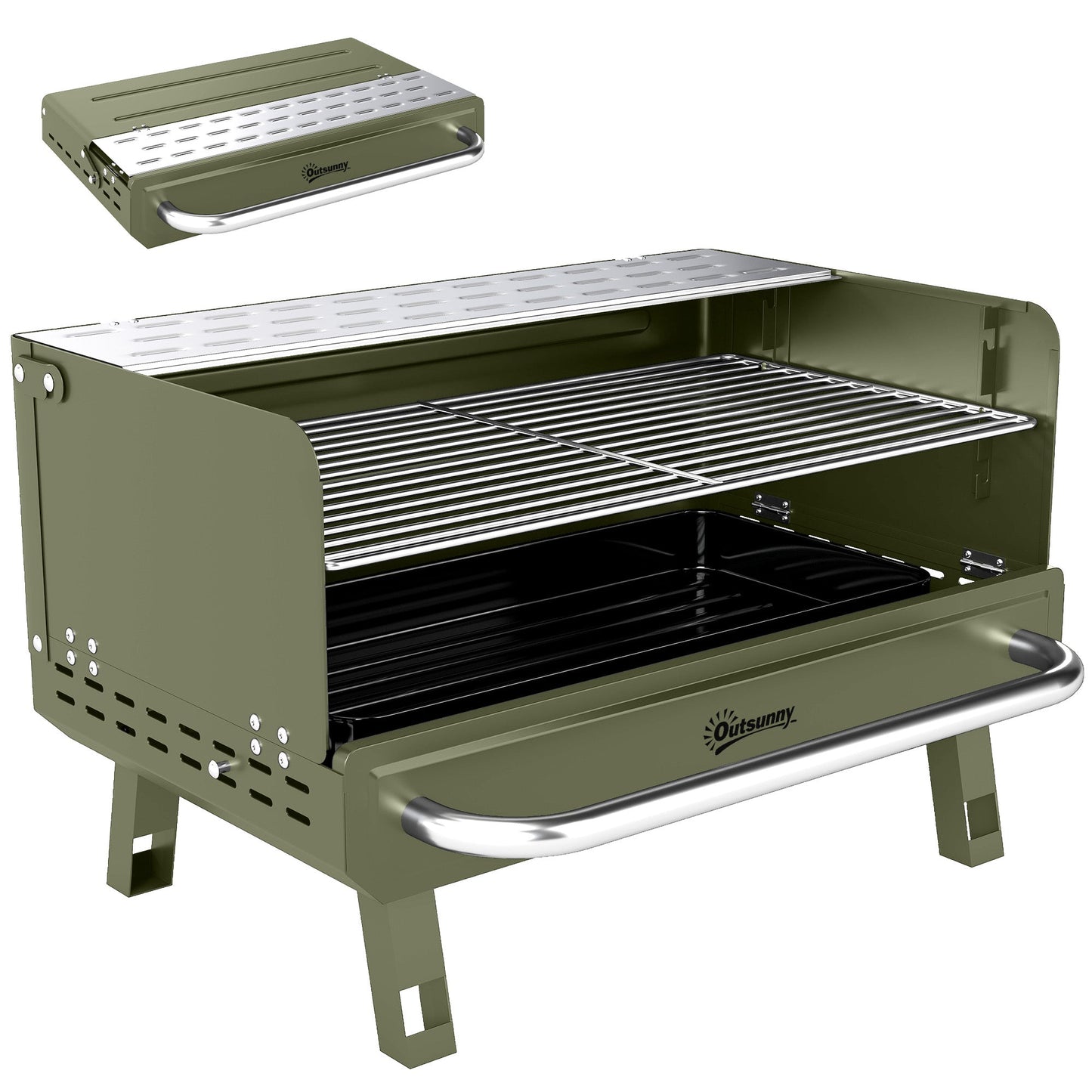 Portable BBQ Grill, Charcoal Barbecue Grill with Adjustable Grates, Foldable Legs and Side Shelf for Camping Hiking Picnic Travel Garden Outdoor Cooking, Green
