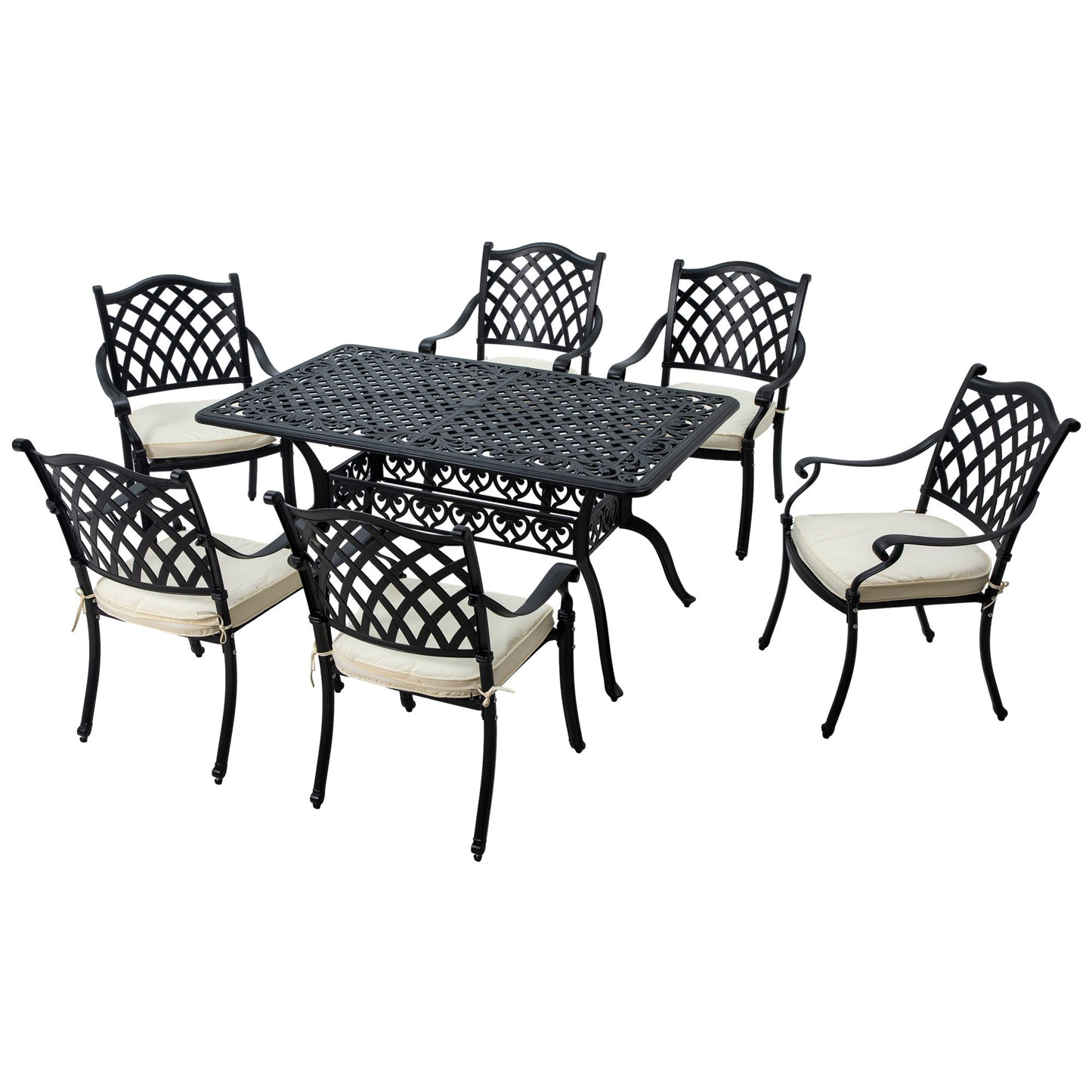 7 PCs Garden Patio Dining Set with Parasol Hole, Cast Aluminium Outdoor Furniture Set with Six Cushioned Chairs and Rectangle Dining Table, for Garden, Lawn, Deck, Black
