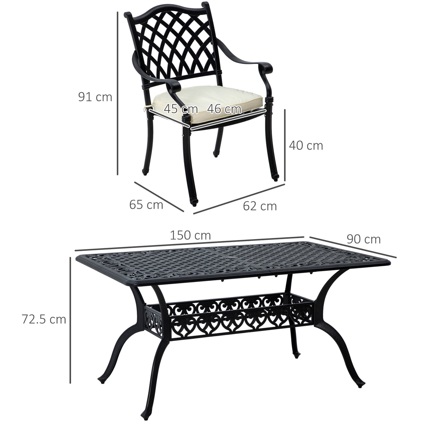 7 PCs Garden Patio Dining Set with Parasol Hole, Cast Aluminium Outdoor Furniture Set with Six Cushioned Chairs and Rectangle Dining Table, for Garden, Lawn, Deck, Black