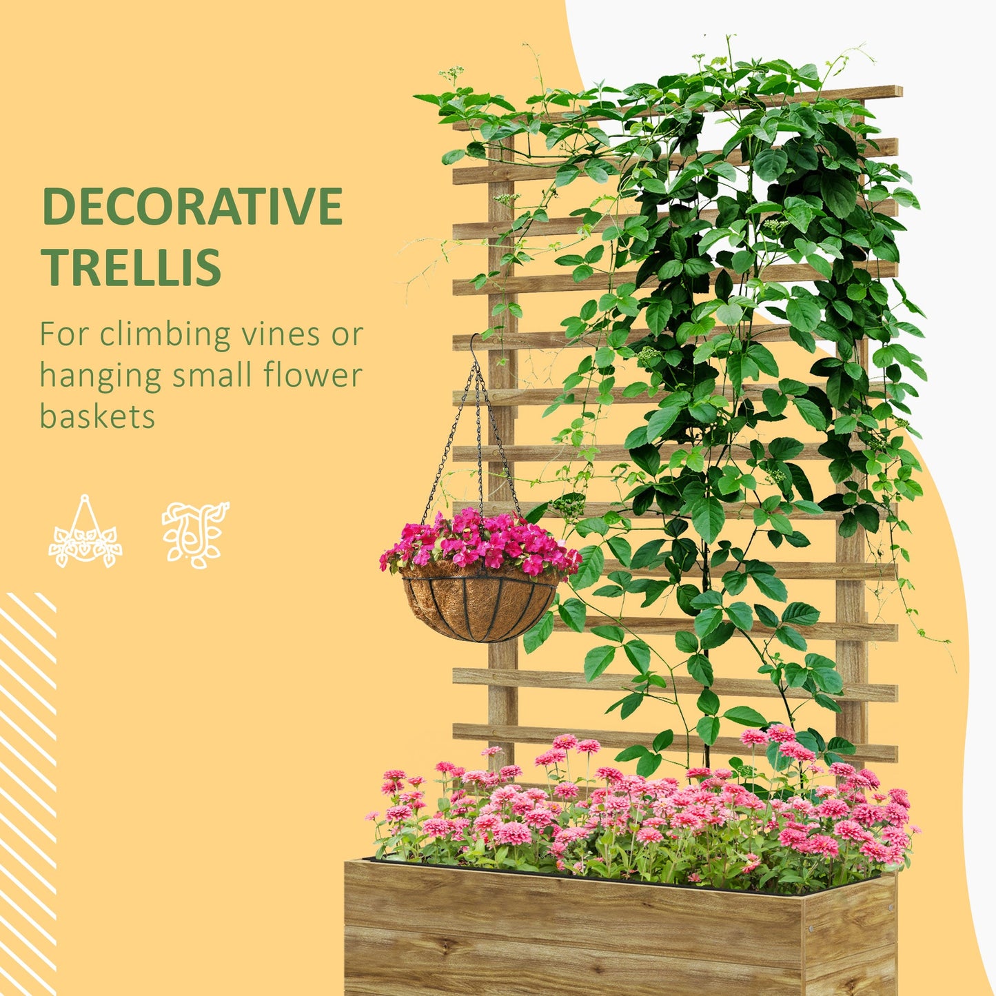Outdoor Wooden Planters with Trellis Free Standing Flower Raised Beds for Garden with 4 Wheels for Climbing Plants, 76 x 30 x 155cm, Natural