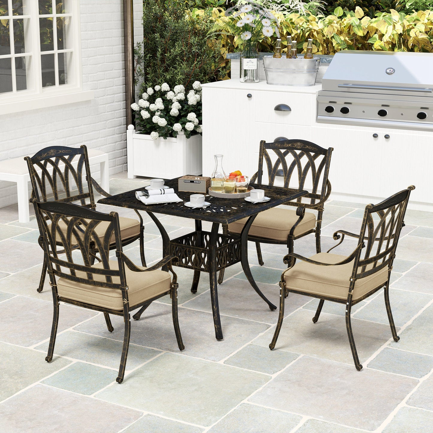 5 Pieces Cast Aluminium Garden Dining Set, 4 Seater Garden Table and Chairs with Parasol Hole, Outdoor Garden Furniture Set with Cushions for Patio, Bronze Tone
