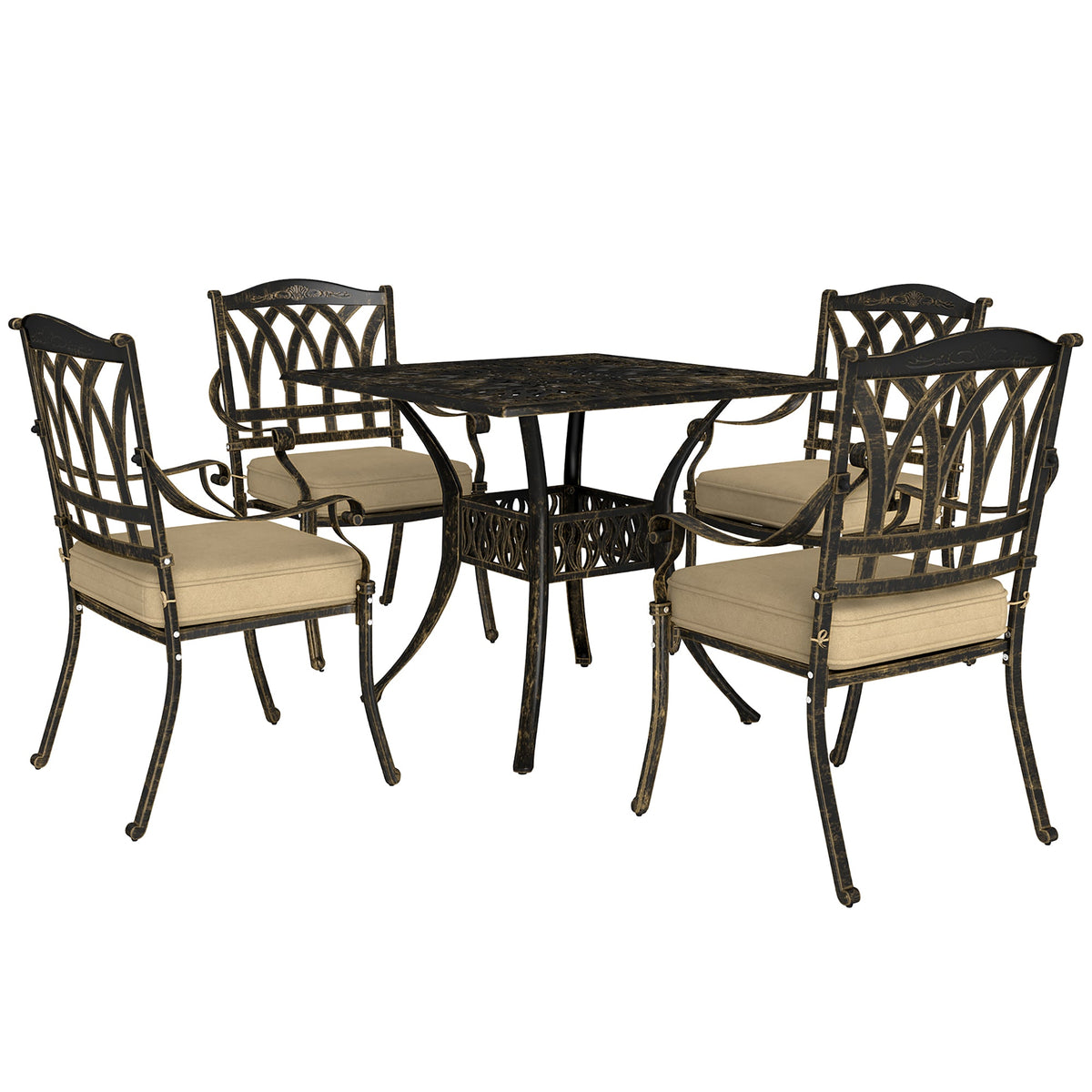 5 Pieces Cast Aluminium Garden Dining Set, 4 Seater Garden Table and Chairs with Parasol Hole, Outdoor Garden Furniture Set with Cushions for Patio, Bronze Tone