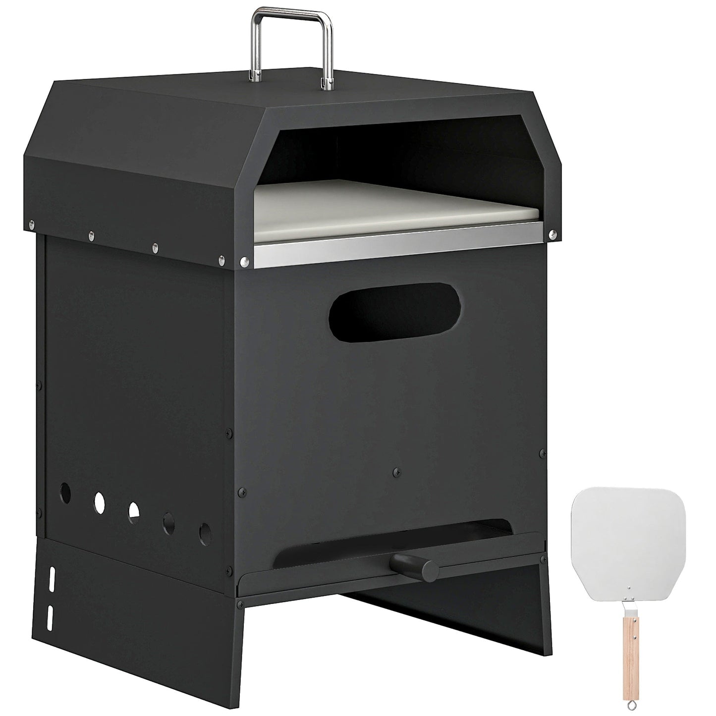 3 in 1 Outdoor Pizza Oven, Portable Wood Fired Pizza Maker with Handles, Stone and Peel, Charcoal BBQ Grill for Garden, Party, Camping, Picnic