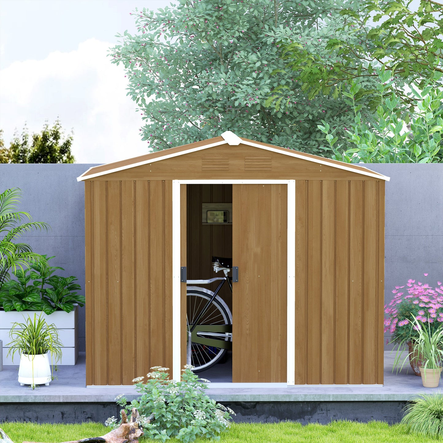 7.7 x 5.7ft Metal Garden Shed with Ventilation Slots and Sliding Doors, Galvanised Outdoor Tool Storage House, Brown Wood Effect