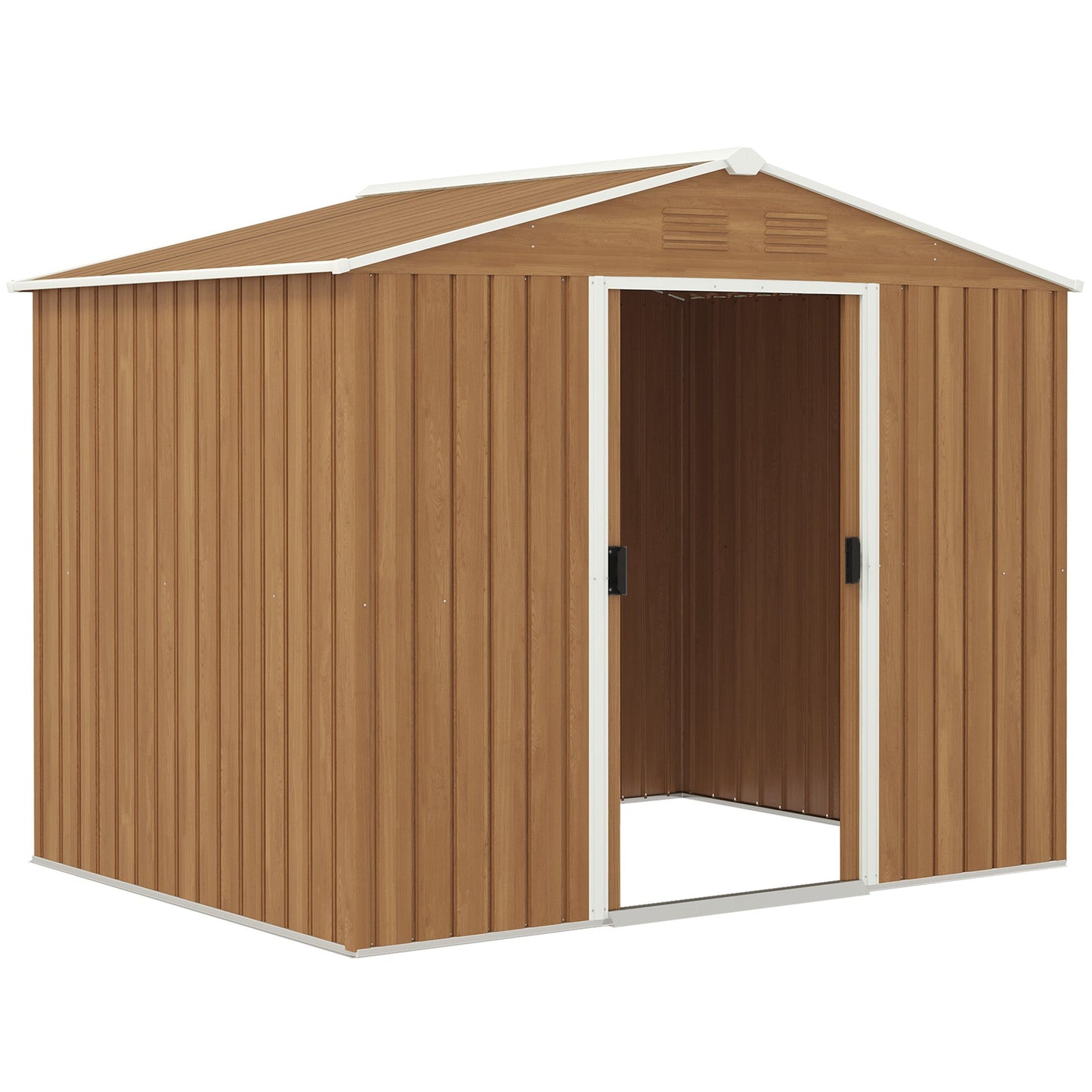 7.7 x 5.7ft Metal Garden Shed with Ventilation Slots and Sliding Doors, Galvanised Outdoor Tool Storage House, Brown Wood Effect
