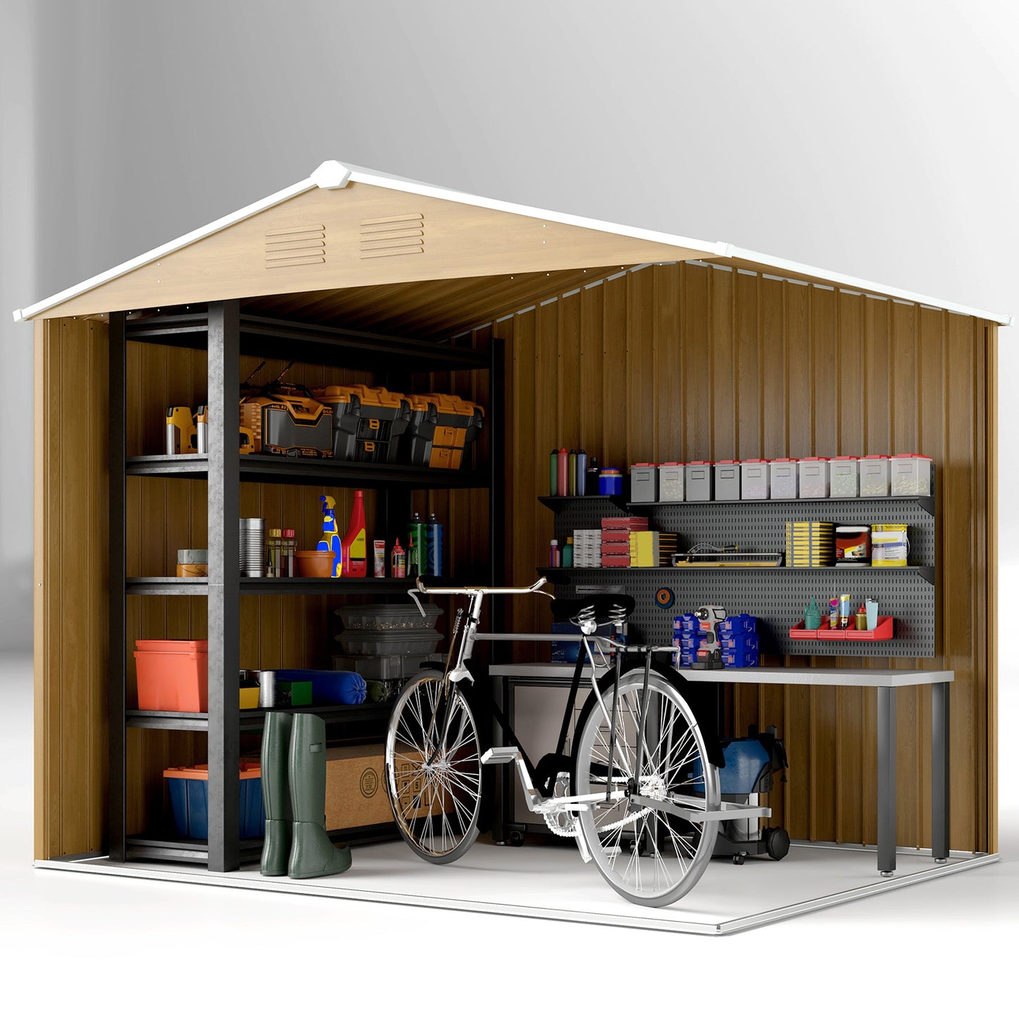 7.7 x 5.7ft Metal Garden Shed with Ventilation Slots and Sliding Doors, Galvanised Outdoor Tool Storage House, Brown Wood Effect