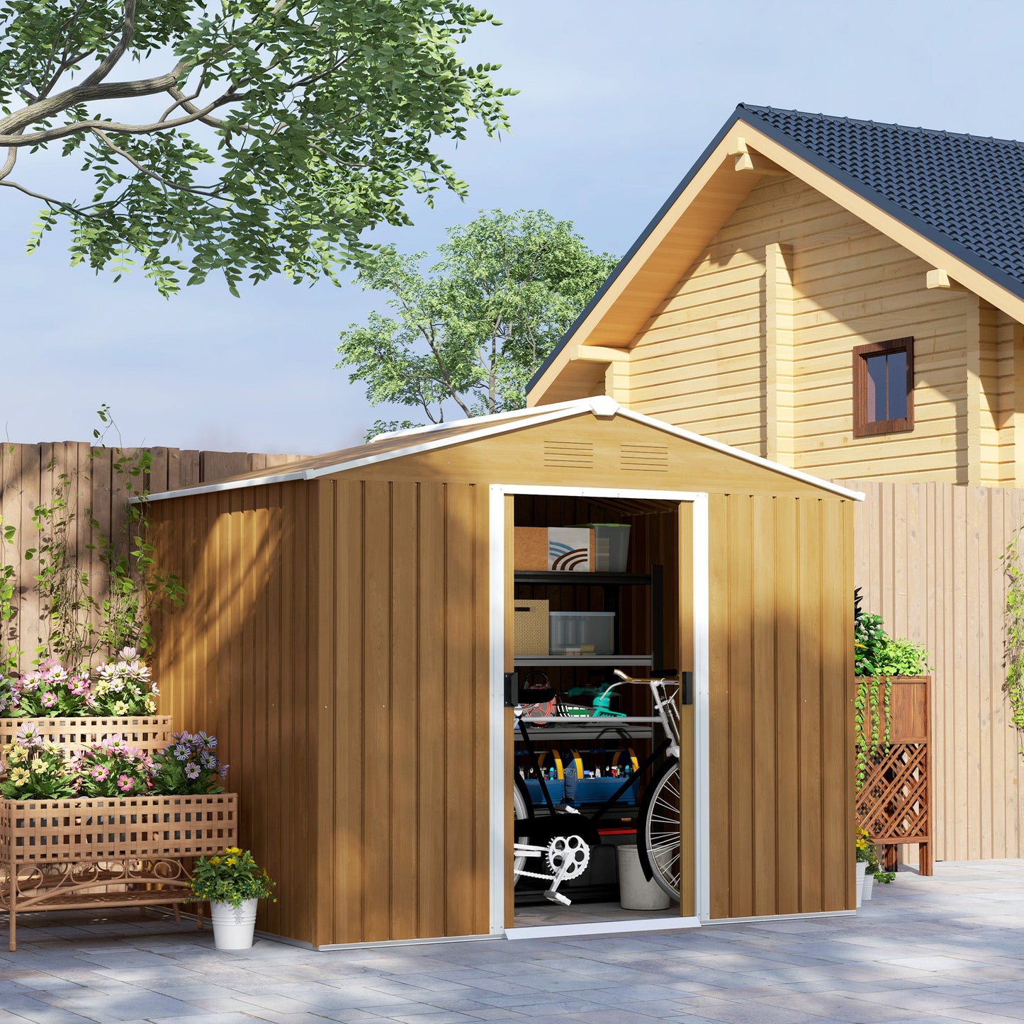 7.7 x 5.7ft Metal Garden Shed with Ventilation Slots and Sliding Doors, Galvanised Outdoor Tool Storage House, Brown Wood Effect