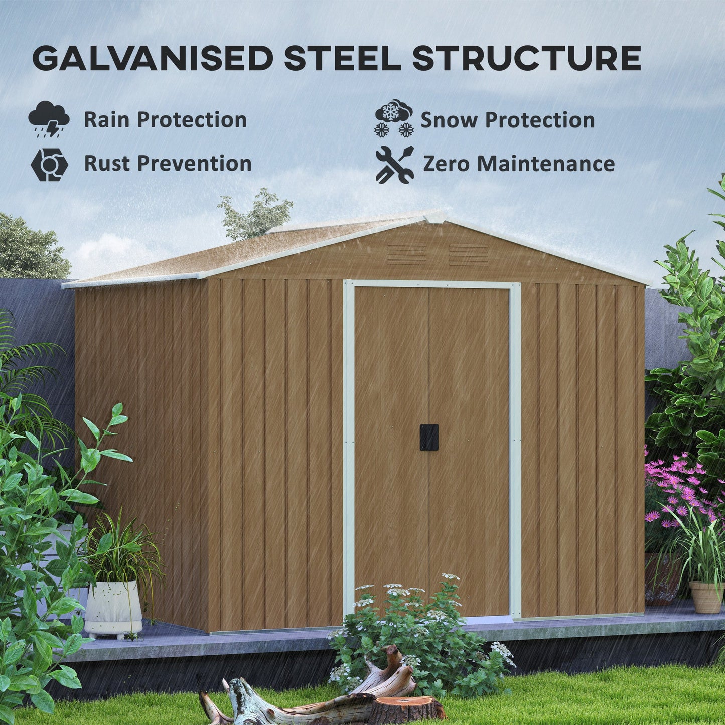 7.7 x 5.7ft Metal Garden Shed with Ventilation Slots and Sliding Doors, Galvanised Outdoor Tool Storage House, Brown Wood Effect