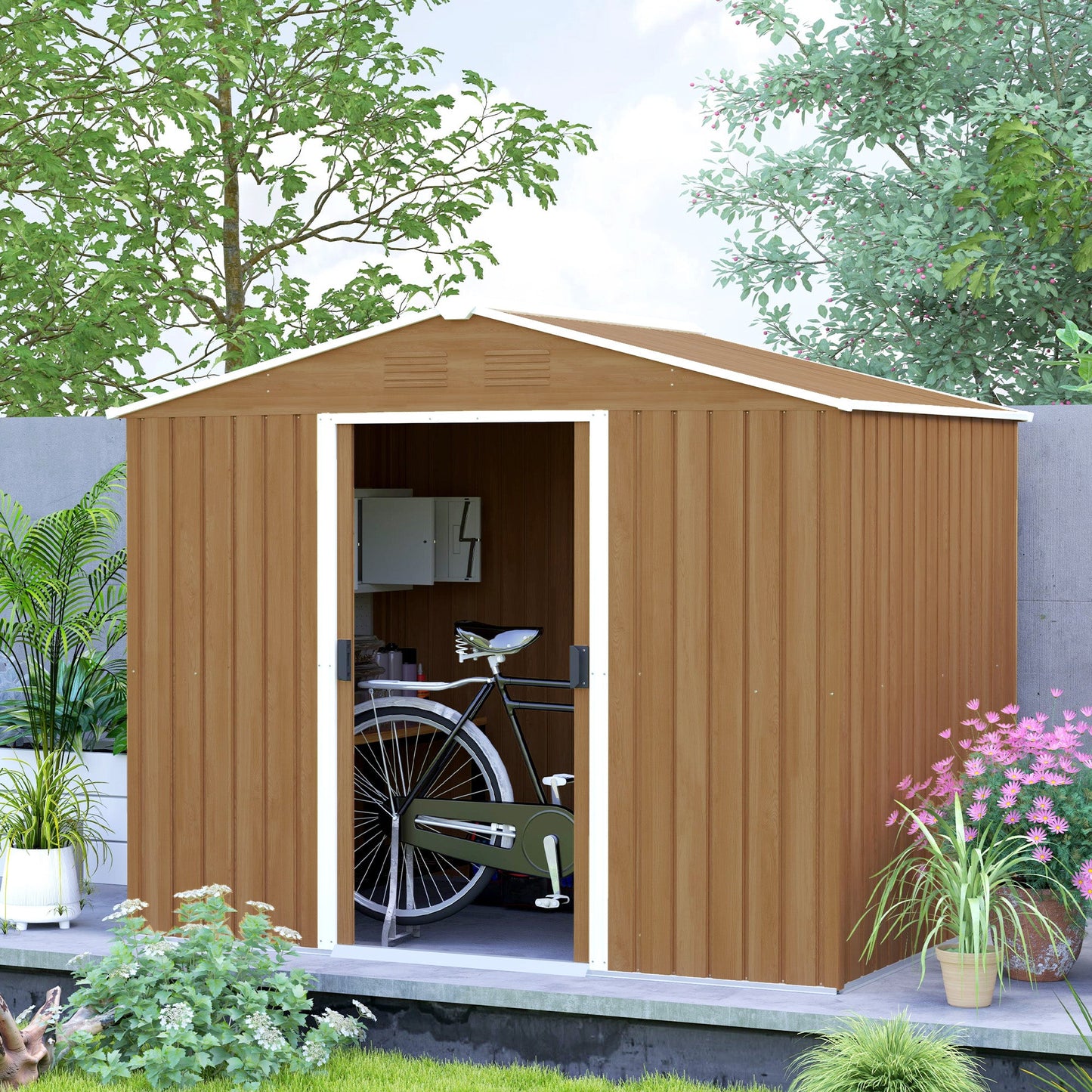 7.7 x 5.7ft Metal Garden Shed with Ventilation Slots and Sliding Doors, Galvanised Outdoor Tool Storage House, Brown Wood Effect