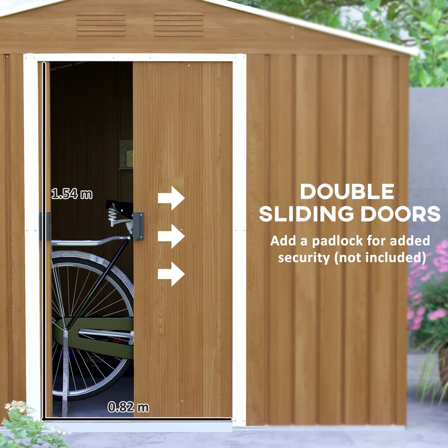 7.7 x 5.7ft Metal Garden Shed with Ventilation Slots and Sliding Doors, Galvanised Outdoor Tool Storage House, Brown Wood Effect