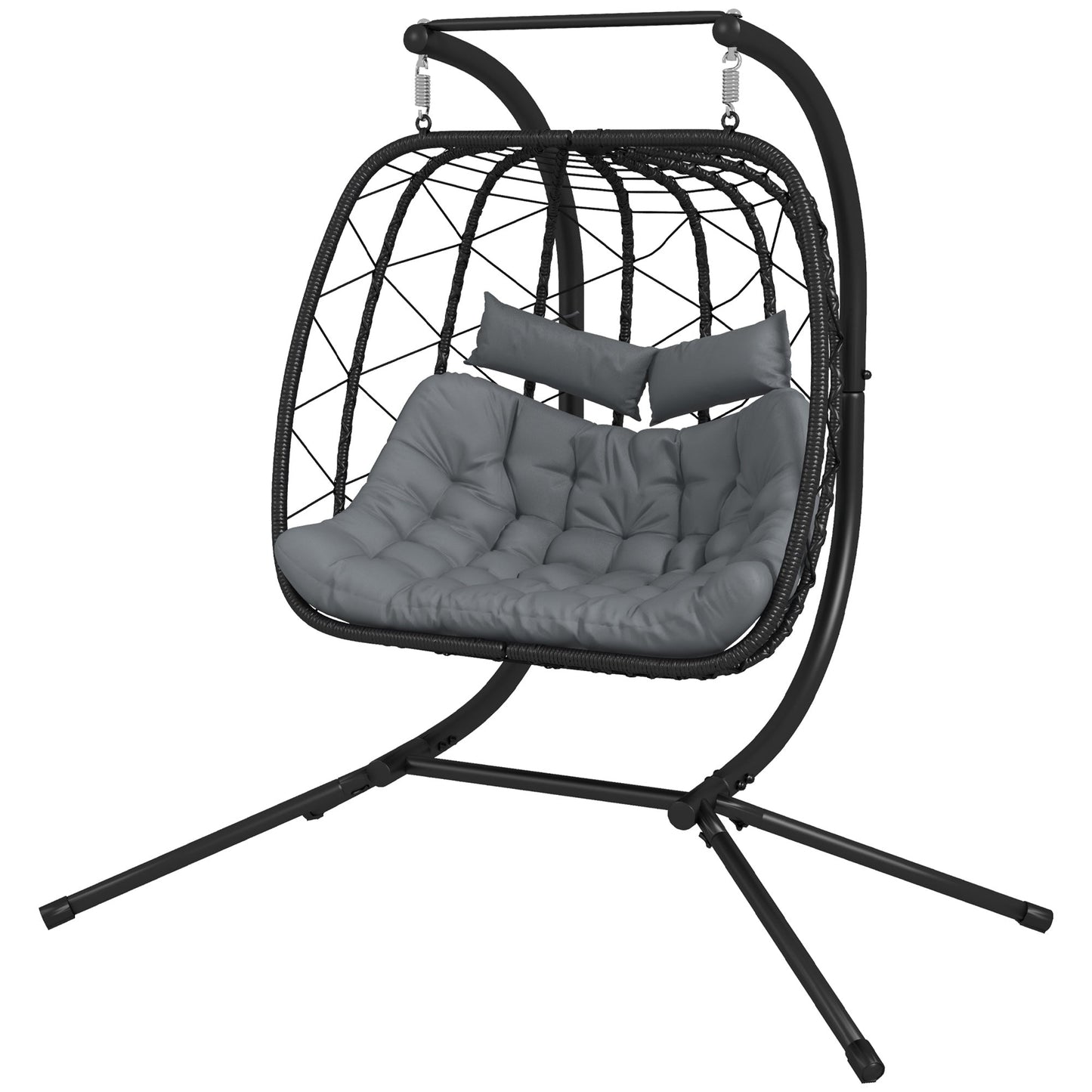 Outdoor PE Rattan 2 Seaters Swing Chair with Thick Padded Cushion, Patio Hanging Egg Chair with Metal Stand, Headrest, for Indoor and Outdoor, Black