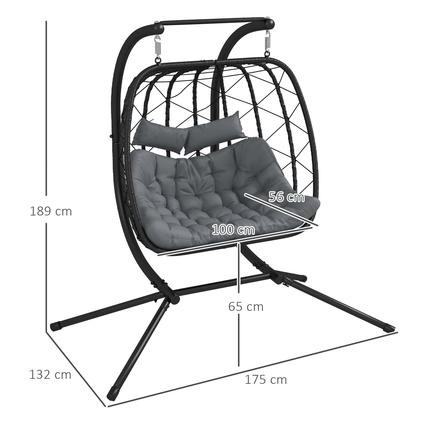 Outdoor PE Rattan 2 Seaters Swing Chair with Thick Padded Cushion, Patio Hanging Egg Chair with Metal Stand, Headrest, for Indoor and Outdoor, Black