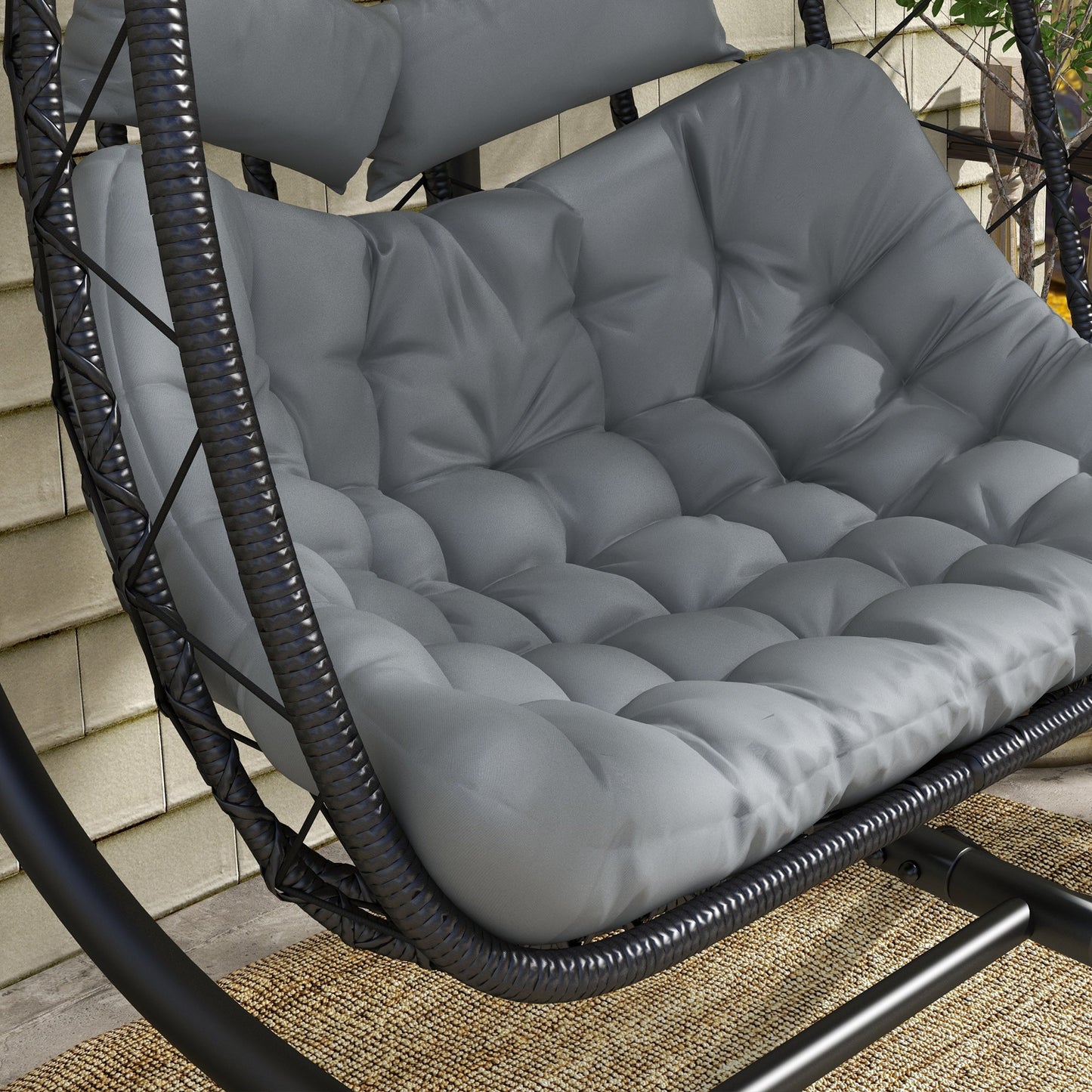 Outdoor PE Rattan 2 Seaters Swing Chair with Thick Padded Cushion, Patio Hanging Egg Chair with Metal Stand, Headrest, for Indoor and Outdoor, Black