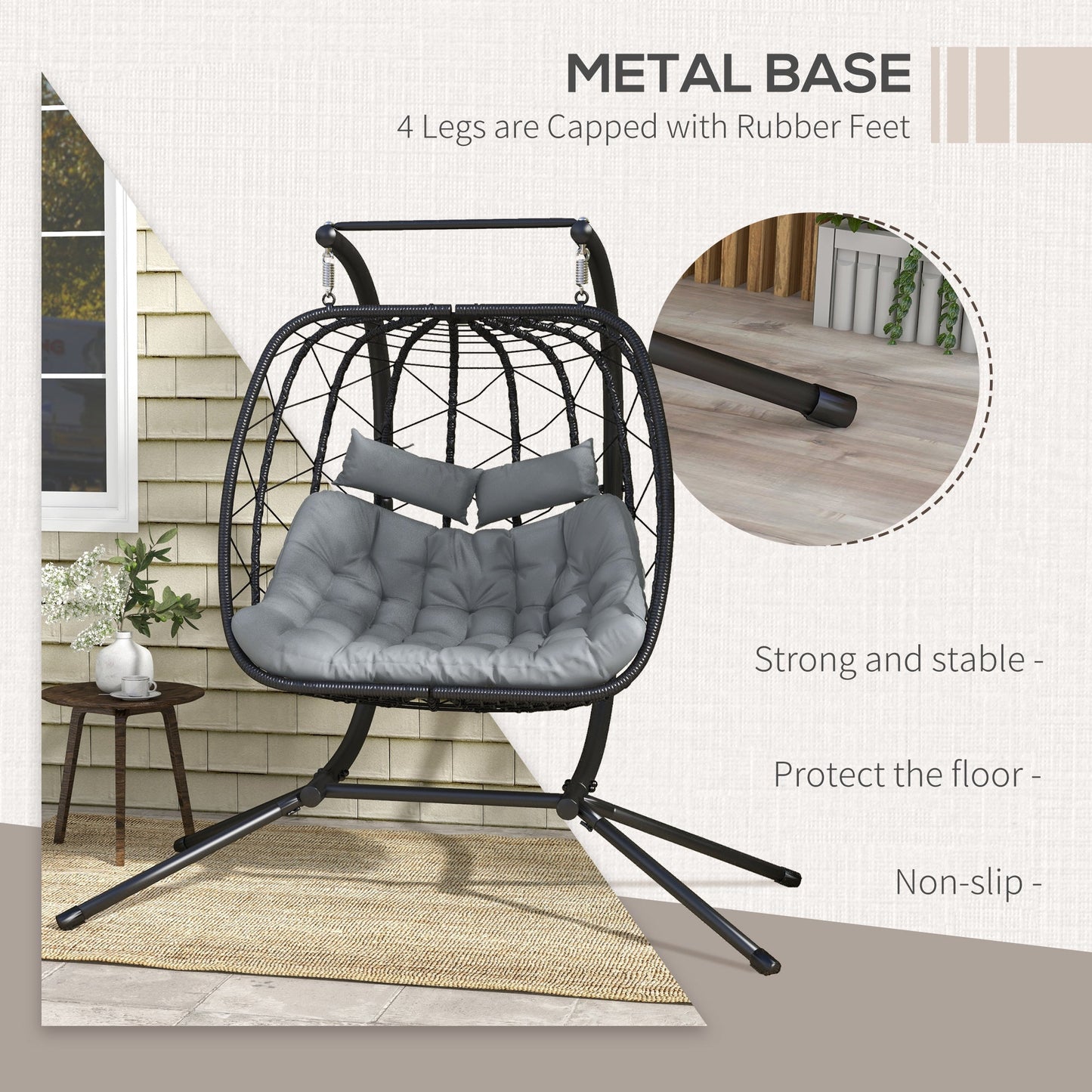 Outdoor PE Rattan 2 Seaters Swing Chair with Thick Padded Cushion, Patio Hanging Egg Chair with Metal Stand, Headrest, for Indoor and Outdoor, Black