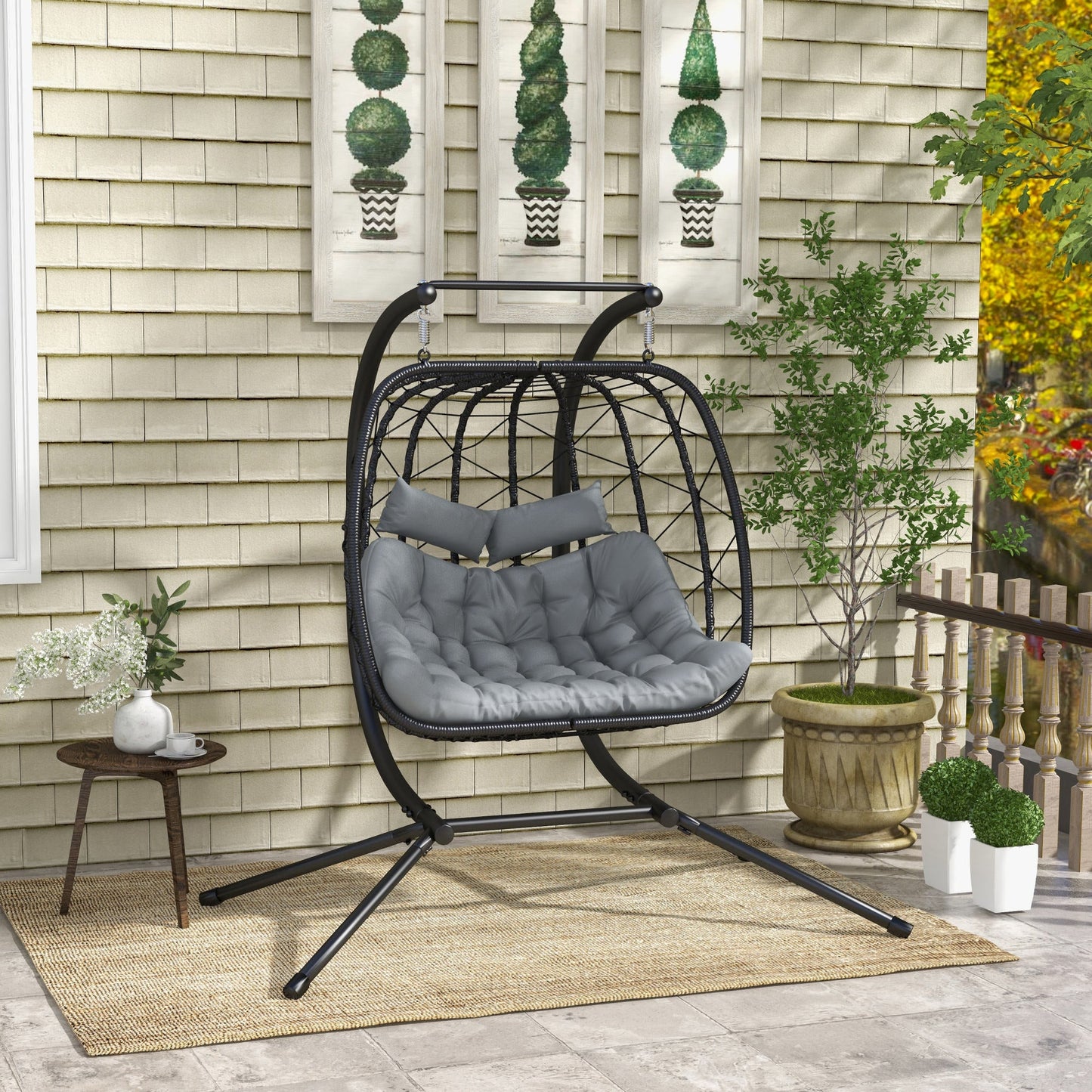 Outdoor PE Rattan 2 Seaters Swing Chair with Thick Padded Cushion, Patio Hanging Egg Chair with Metal Stand, Headrest, for Indoor and Outdoor, Black