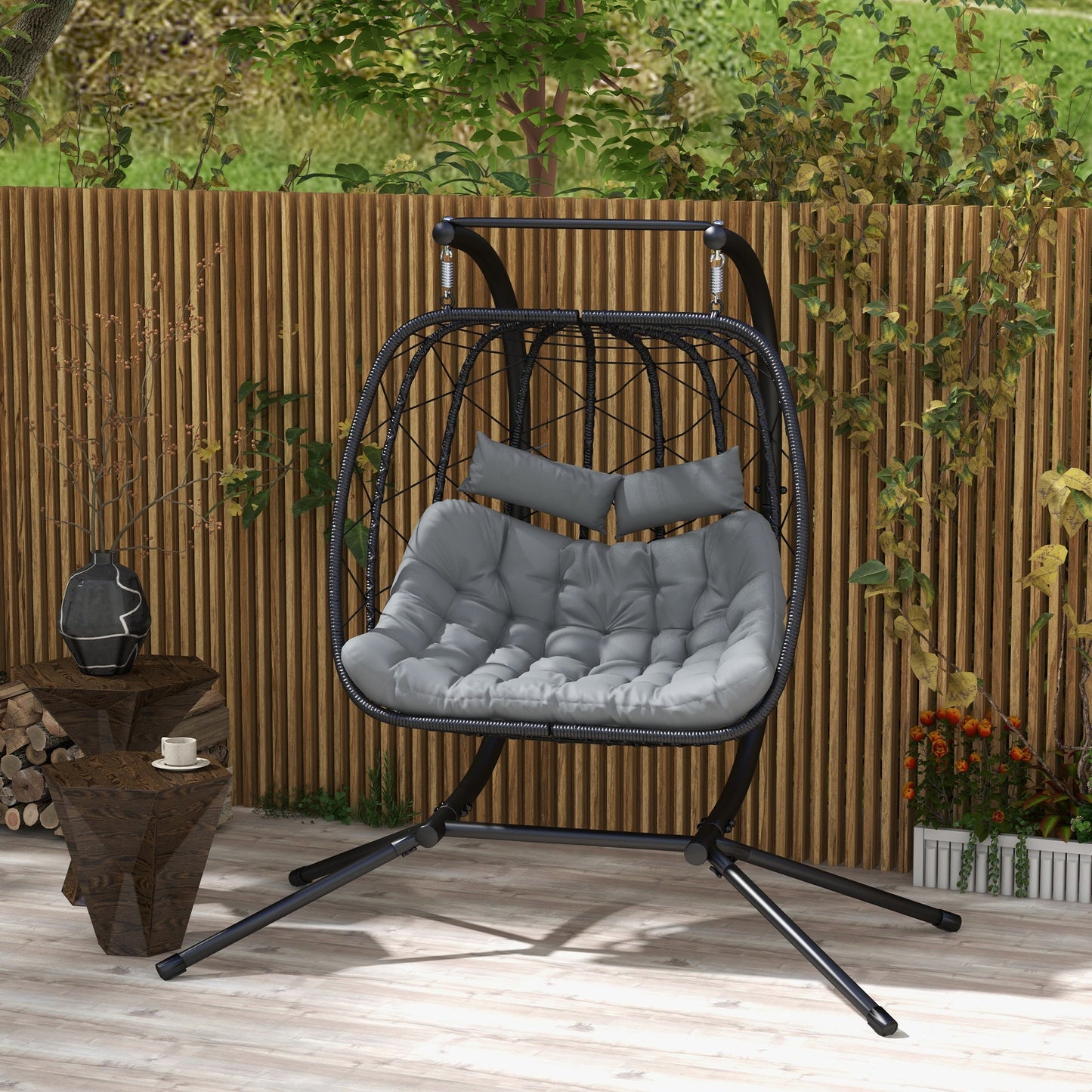 Outdoor PE Rattan 2 Seaters Swing Chair with Thick Padded Cushion, Patio Hanging Egg Chair with Metal Stand, Headrest, for Indoor and Outdoor, Black