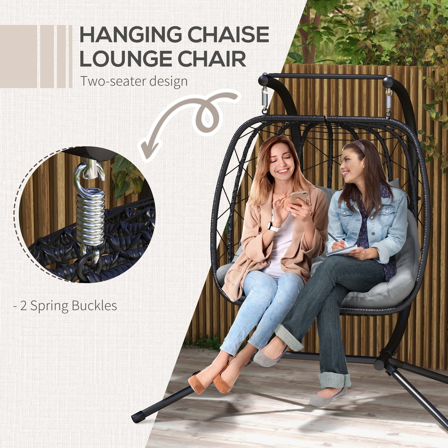 Outdoor PE Rattan 2 Seaters Swing Chair with Thick Padded Cushion, Patio Hanging Egg Chair with Metal Stand, Headrest, for Indoor and Outdoor, Black