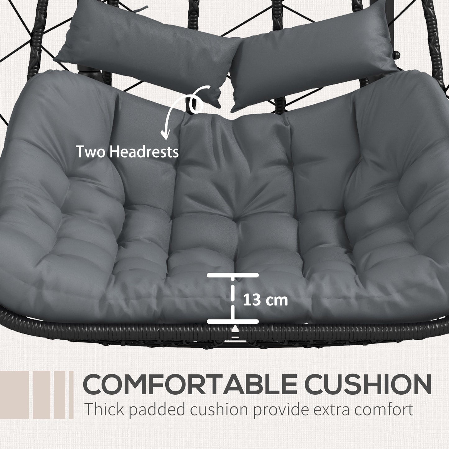 Outdoor PE Rattan 2 Seaters Swing Chair with Thick Padded Cushion, Patio Hanging Egg Chair with Metal Stand, Headrest, for Indoor and Outdoor, Black