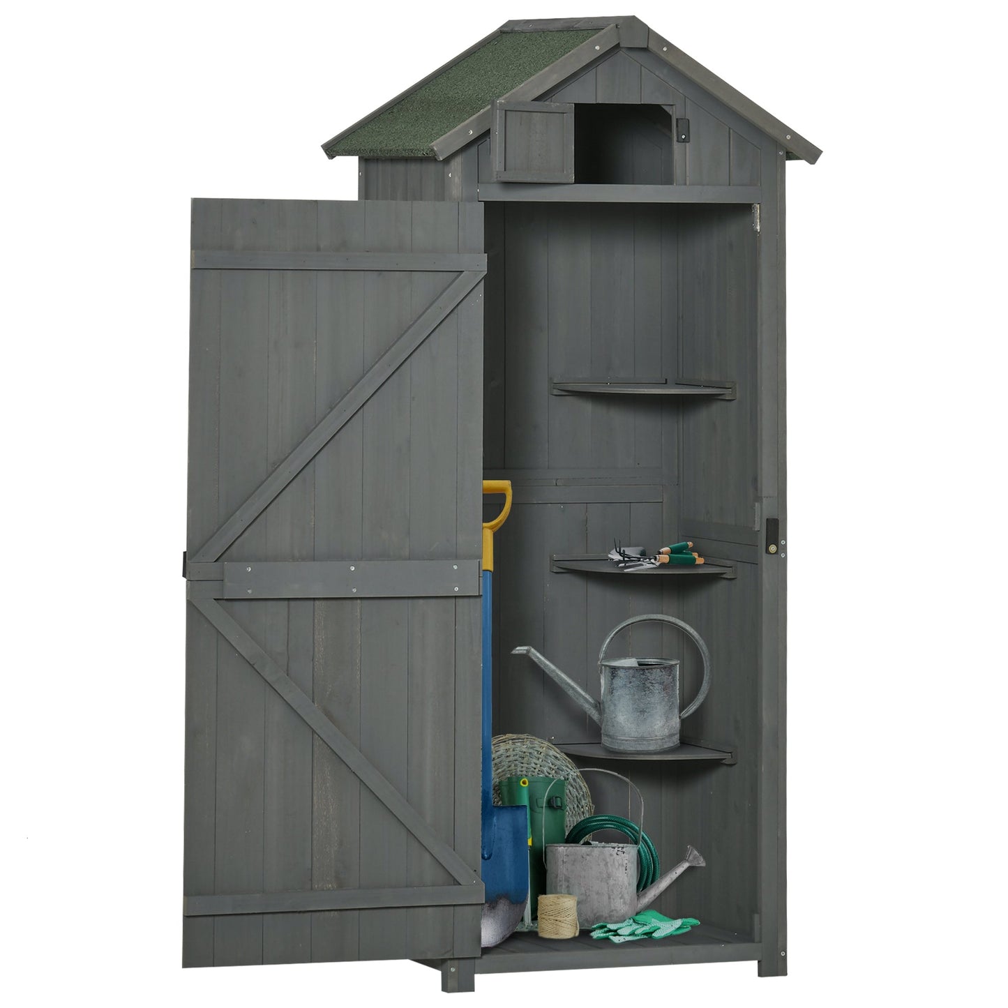 Wooden Garden Shed, Utility Outdoor Small Shed with Lockable Double Doors, Shelves and Roof Hatch, Grey