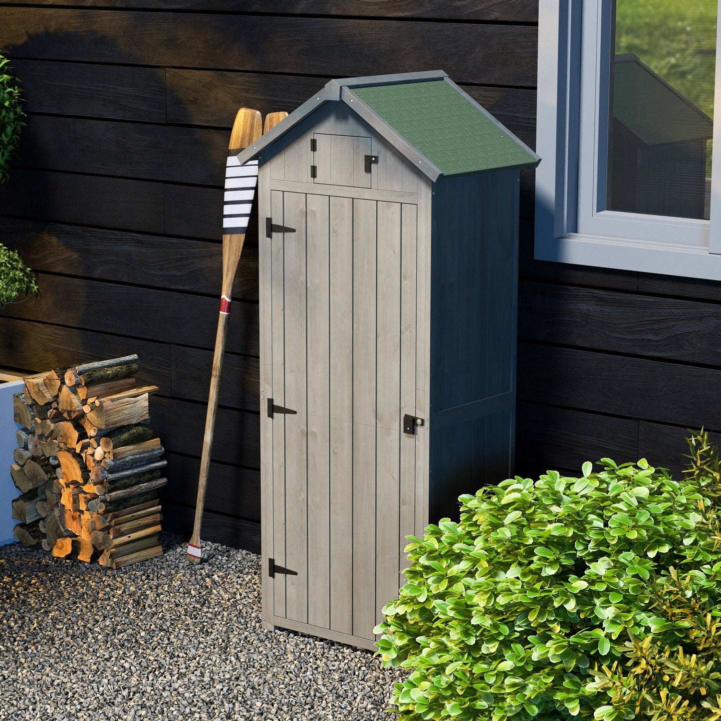 Wooden Garden Shed, Utility Outdoor Small Shed with Lockable Double Doors, Shelves and Roof Hatch, Grey