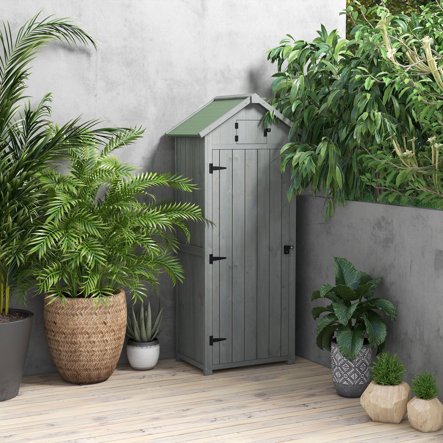 Wooden Garden Shed, Utility Outdoor Small Shed with Lockable Double Doors, Shelves and Roof Hatch, Grey