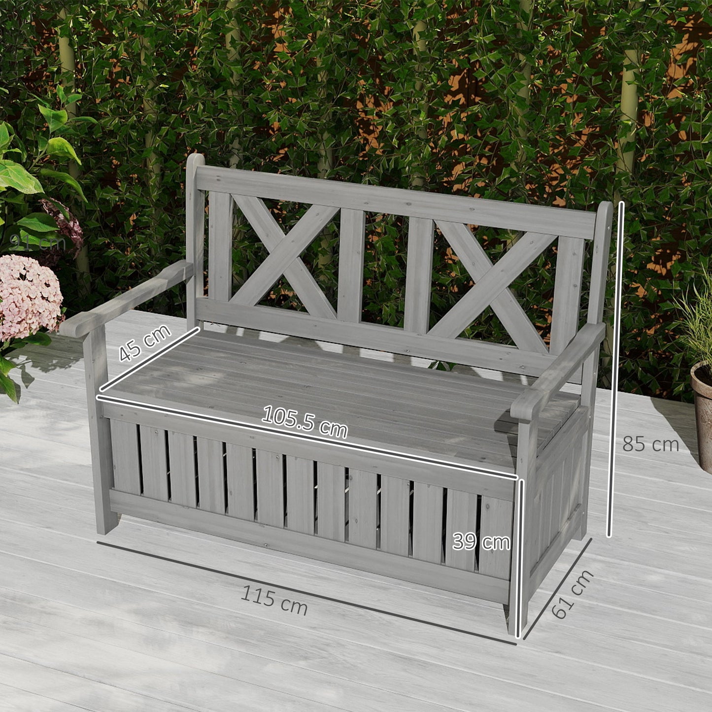 Wood Garden Bench 2 Seater Storage Chest Patio Seating Chair with High Back and Armrest, Charcoal Grey