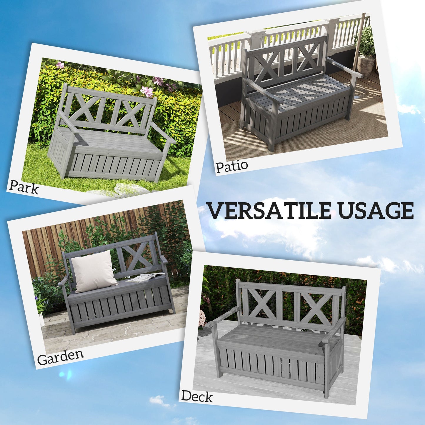 Wood Garden Bench 2 Seater Storage Chest Patio Seating Chair with High Back and Armrest, Charcoal Grey