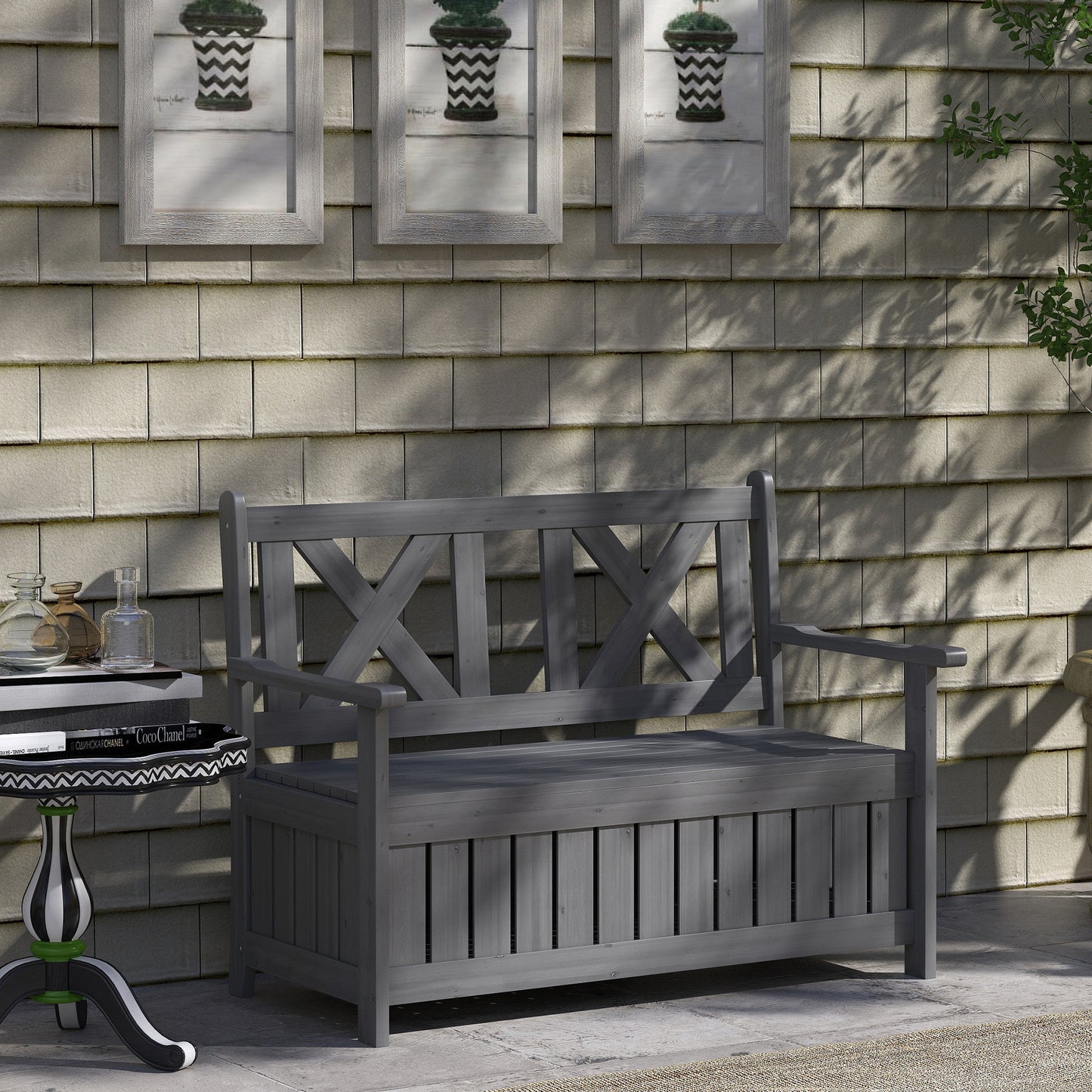 Wood Garden Bench 2 Seater Storage Chest Patio Seating Chair with High Back and Armrest, Charcoal Grey