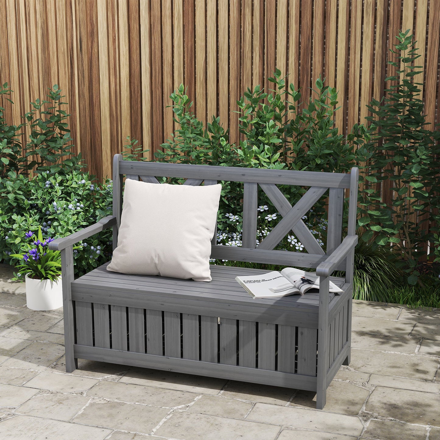 Wood Garden Bench 2 Seater Storage Chest Patio Seating Chair with High Back and Armrest, Charcoal Grey