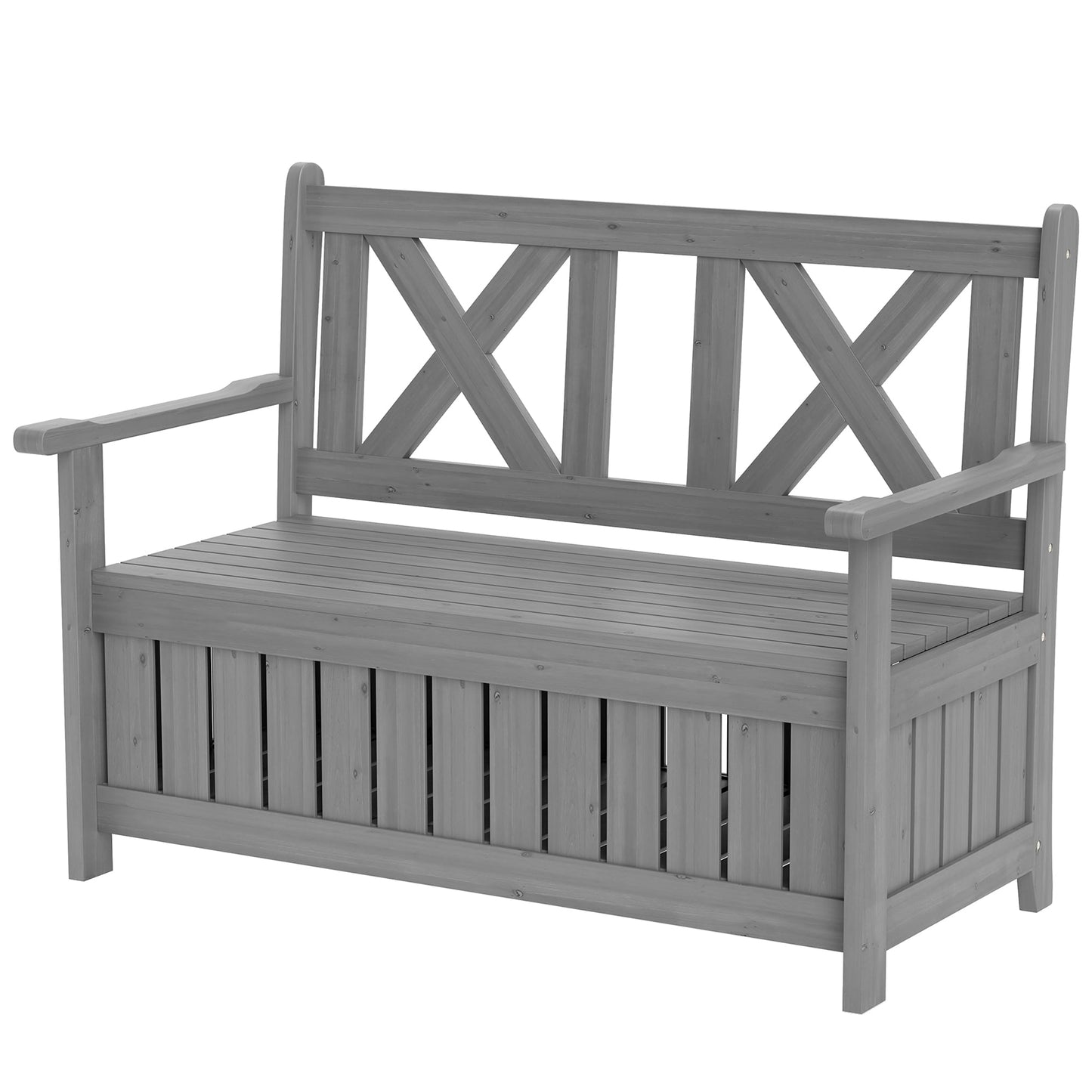 Wood Garden Bench 2 Seater Storage Chest Patio Seating Chair with High Back and Armrest, Charcoal Grey