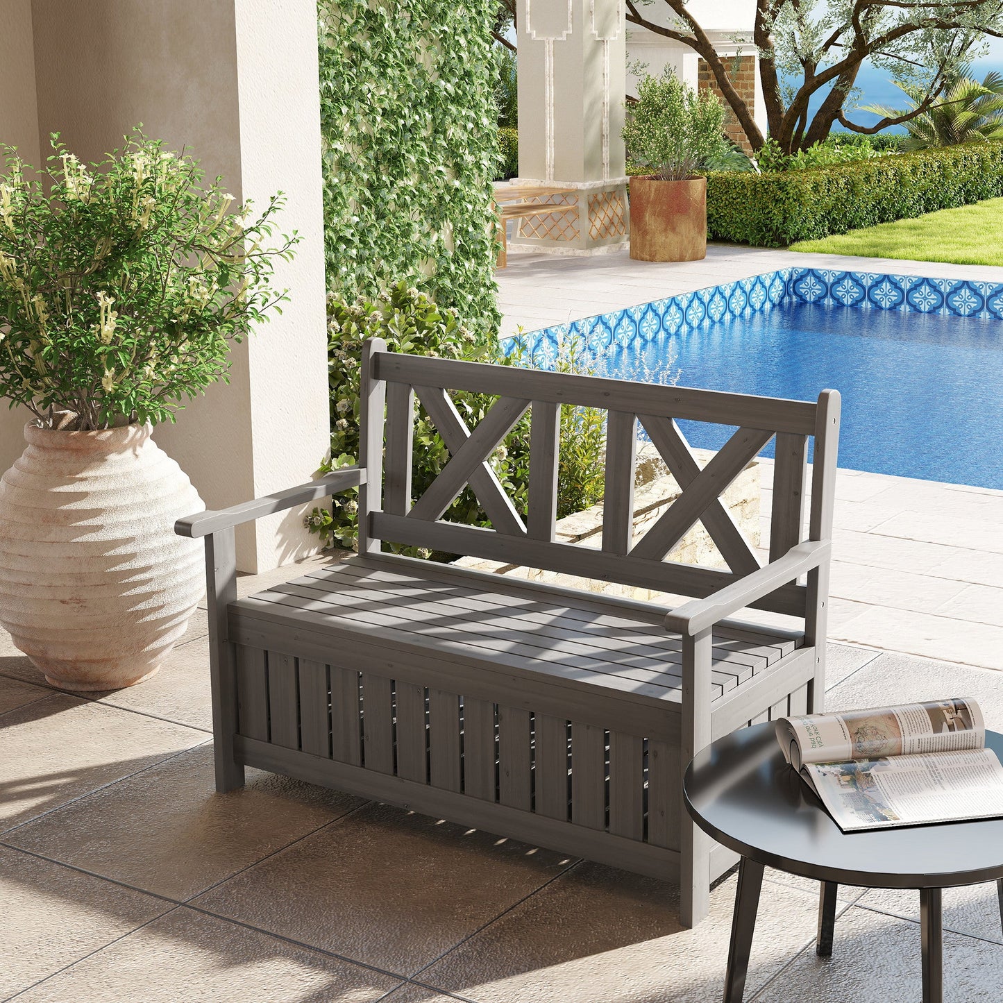 Wood Garden Bench 2 Seater Storage Chest Patio Seating Chair with High Back and Armrest, Charcoal Grey