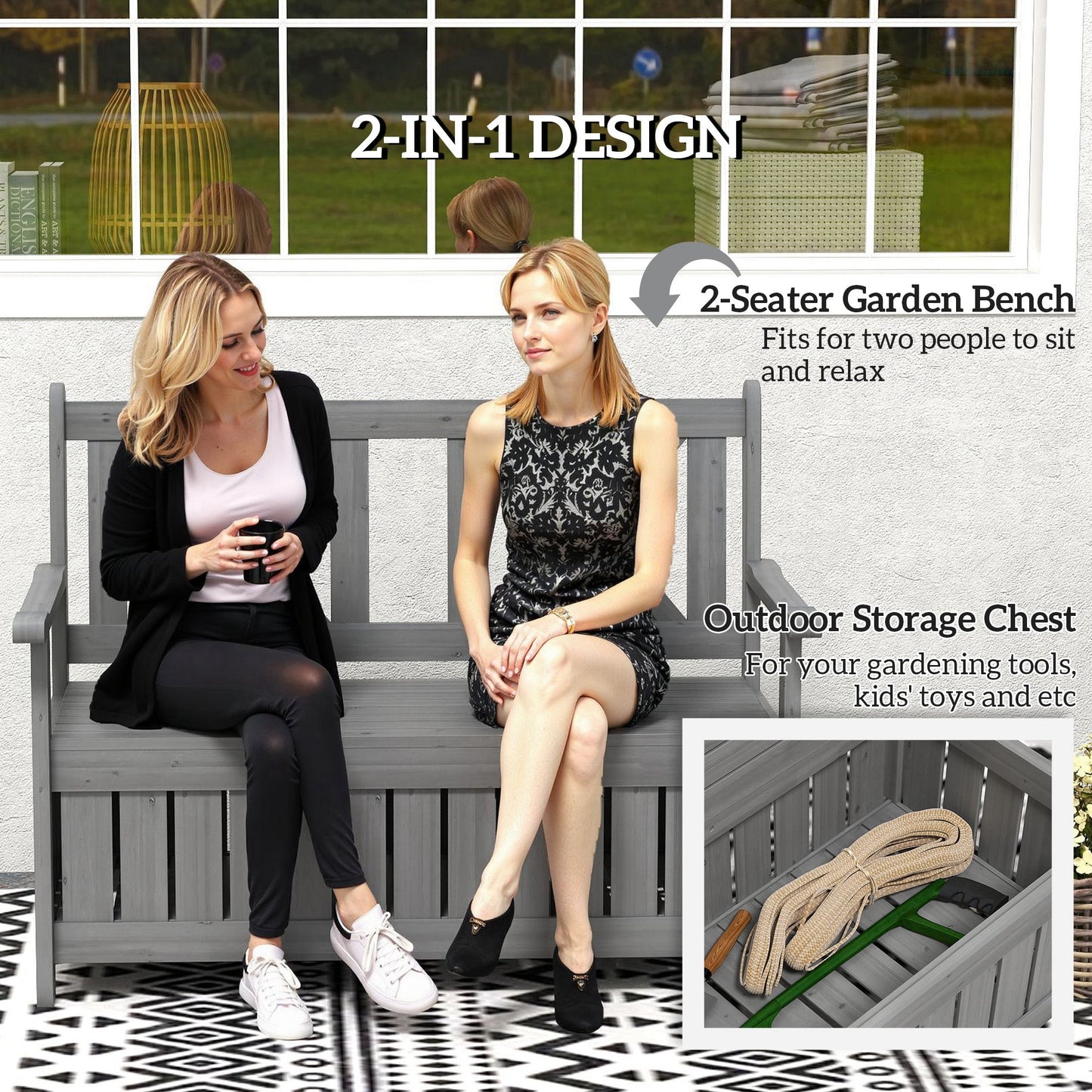 Wood Garden Bench 2 Seater Storage Chest Patio Seating Chair with High Back and Armrest, Charcoal Grey