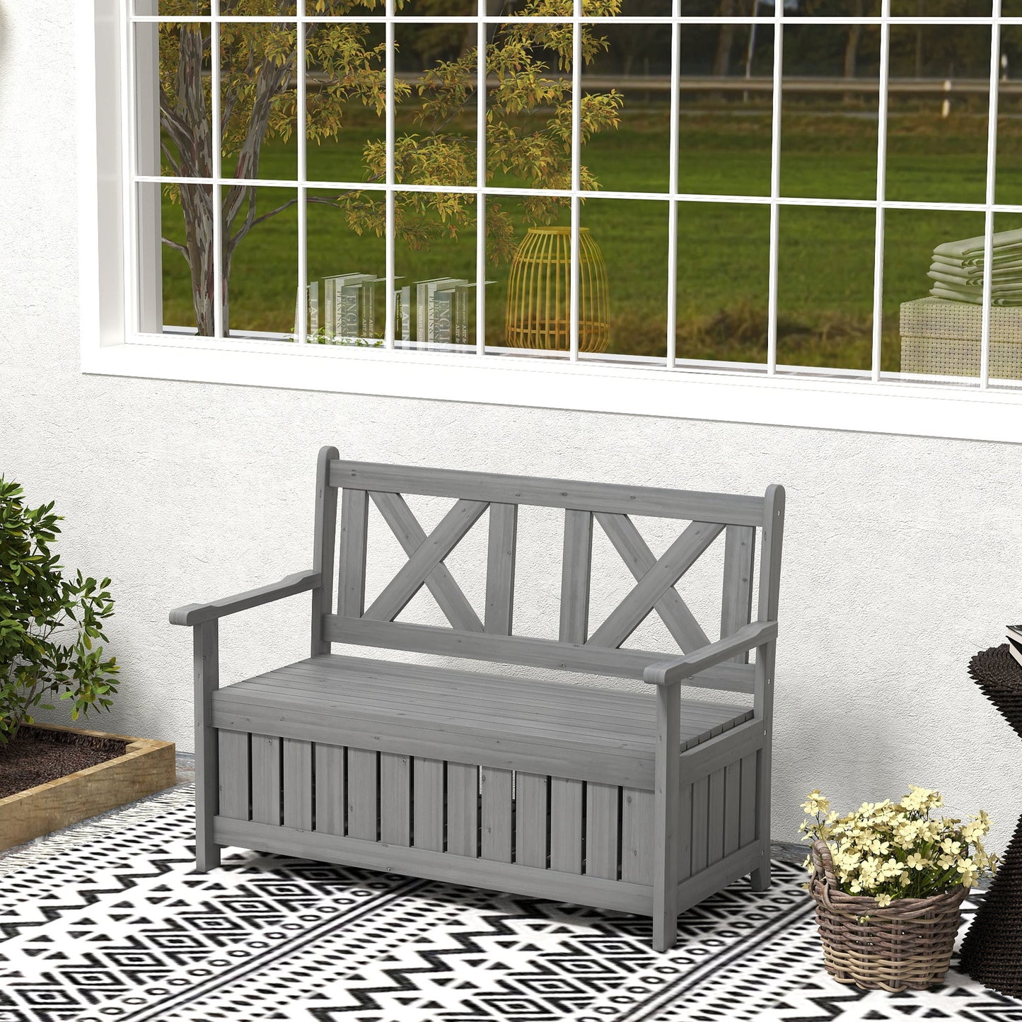 Wood Garden Bench 2 Seater Storage Chest Patio Seating Chair with High Back and Armrest, Charcoal Grey