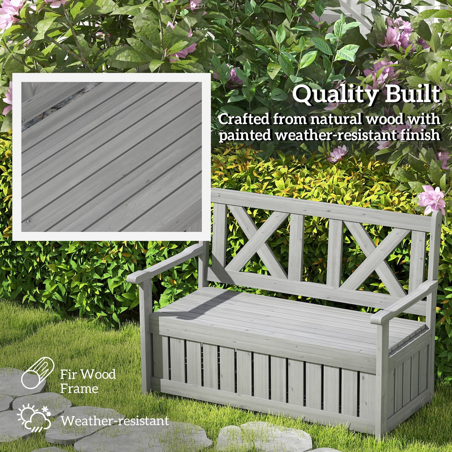 Wood Garden Bench 2 Seater Storage Chest Patio Seating Chair with High Back and Armrest, Charcoal Grey